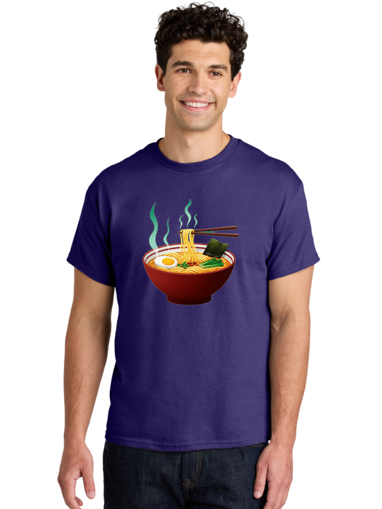 Ramen-Noodle-Bowl-3 Men'S Graphic Tee, 100% Cotton, Comfortable Casual Summer Wear, Machine Washable, Steaming Hot Ramen, Yellow Noodles, Boiled Egg, Seaweed, Green Onions, Chopsticks, Asian Cuisine, Japanese Food, Noodle Soup, Savory Dish Bab305 18