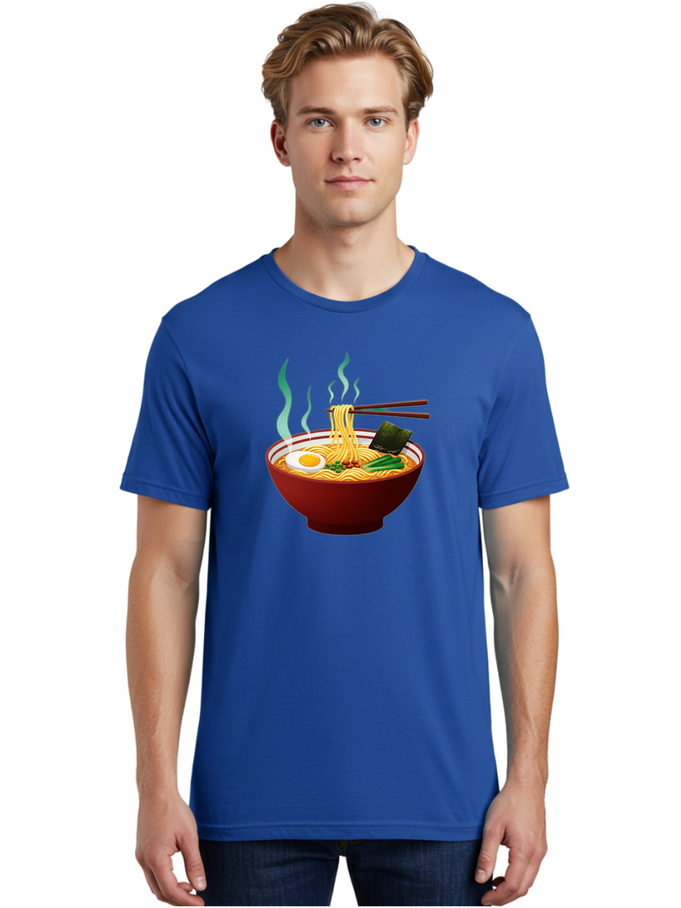 Ramen-Noodle-Bowl-3 Men'S Graphic Tee, 100% Cotton, Comfortable Casual Summer Wear, Machine Washable, Steaming Hot Ramen, Yellow Noodles, Boiled Egg, Seaweed, Green Onions, Chopsticks, Asian Cuisine, Japanese Food, Noodle Soup, Savory Dish Bab305 22
