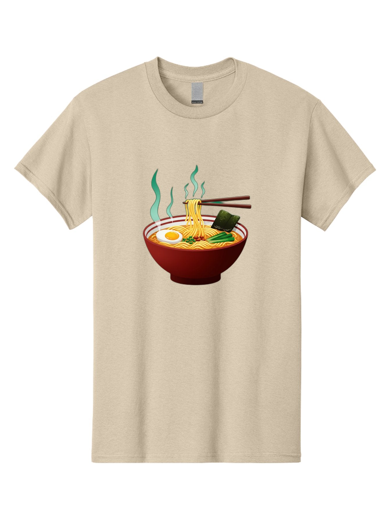 Ramen-Noodle-Bowl-3 Men'S Graphic Tee, 100% Cotton, Comfortable Casual Summer Wear, Machine Washable, Steaming Hot Ramen, Yellow Noodles, Boiled Egg, Seaweed, Green Onions, Chopsticks, Asian Cuisine, Japanese Food, Noodle Soup, Savory Dish Bab305
