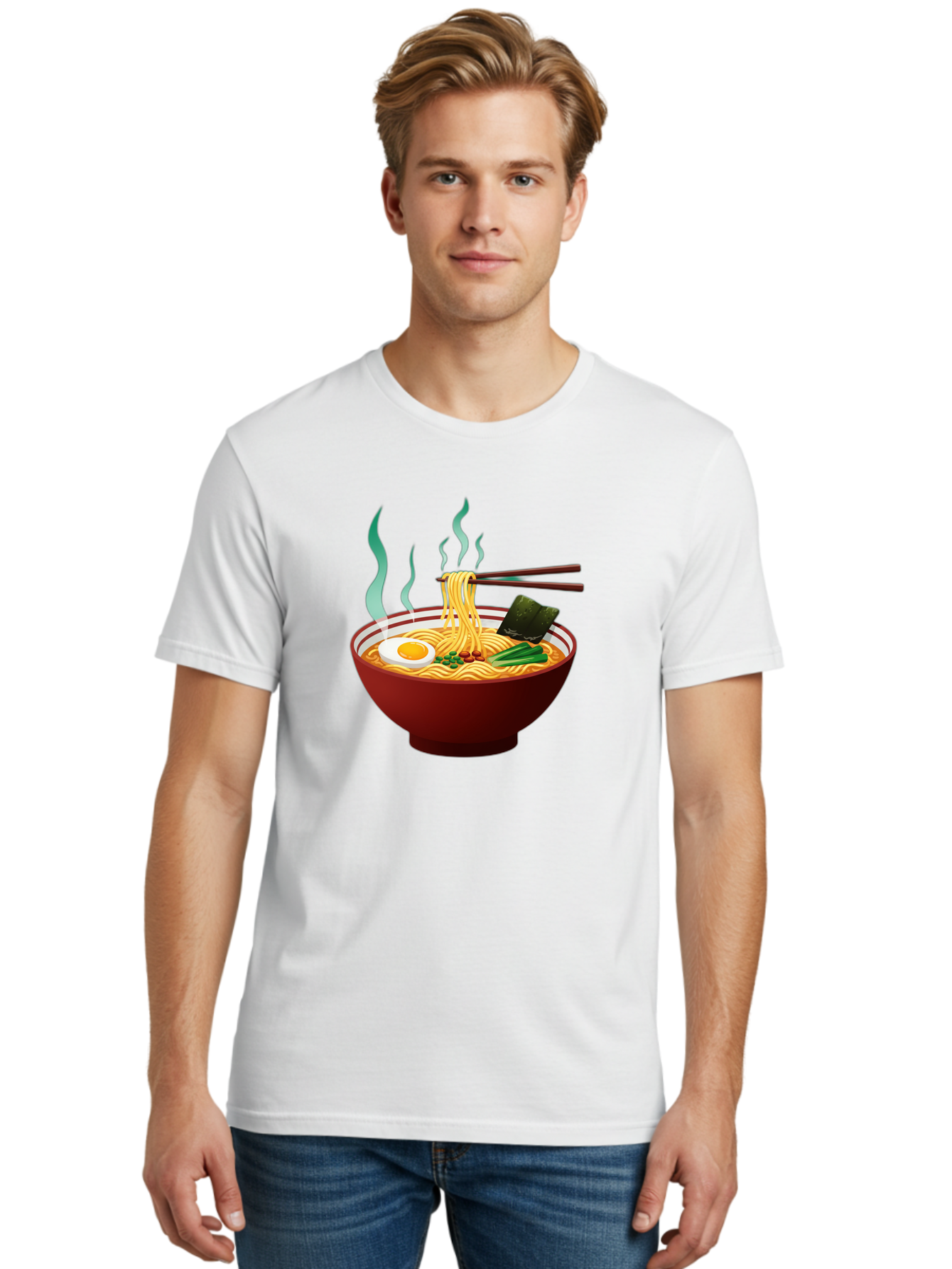 Ramen-Noodle-Bowl-3 Men'S Graphic Tee, 100% Cotton, Comfortable Casual Summer Wear, Machine Washable, Steaming Hot Ramen, Yellow Noodles, Boiled Egg, Seaweed, Green Onions, Chopsticks, Asian Cuisine, Japanese Food, Noodle Soup, Savory Dish Bab305 28