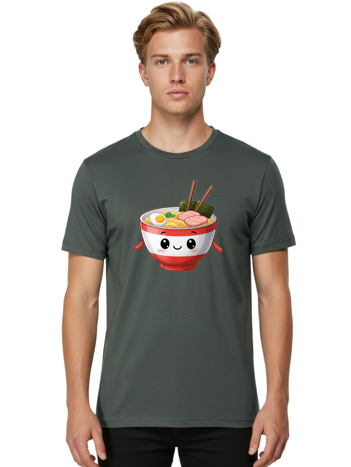 Ramen-Noodle-Bowl Men'S Graphic Tee, 100% Cotton, Comfortable Casual Summer Wear, Machine Washable, Cartoon Ramen Bowl, Japanese Food, Noodle Soup, Egg, Pork Slices, Seaweed, Chopsticks, Kawaii Character, Cute Design, Anime Style Bab307 12