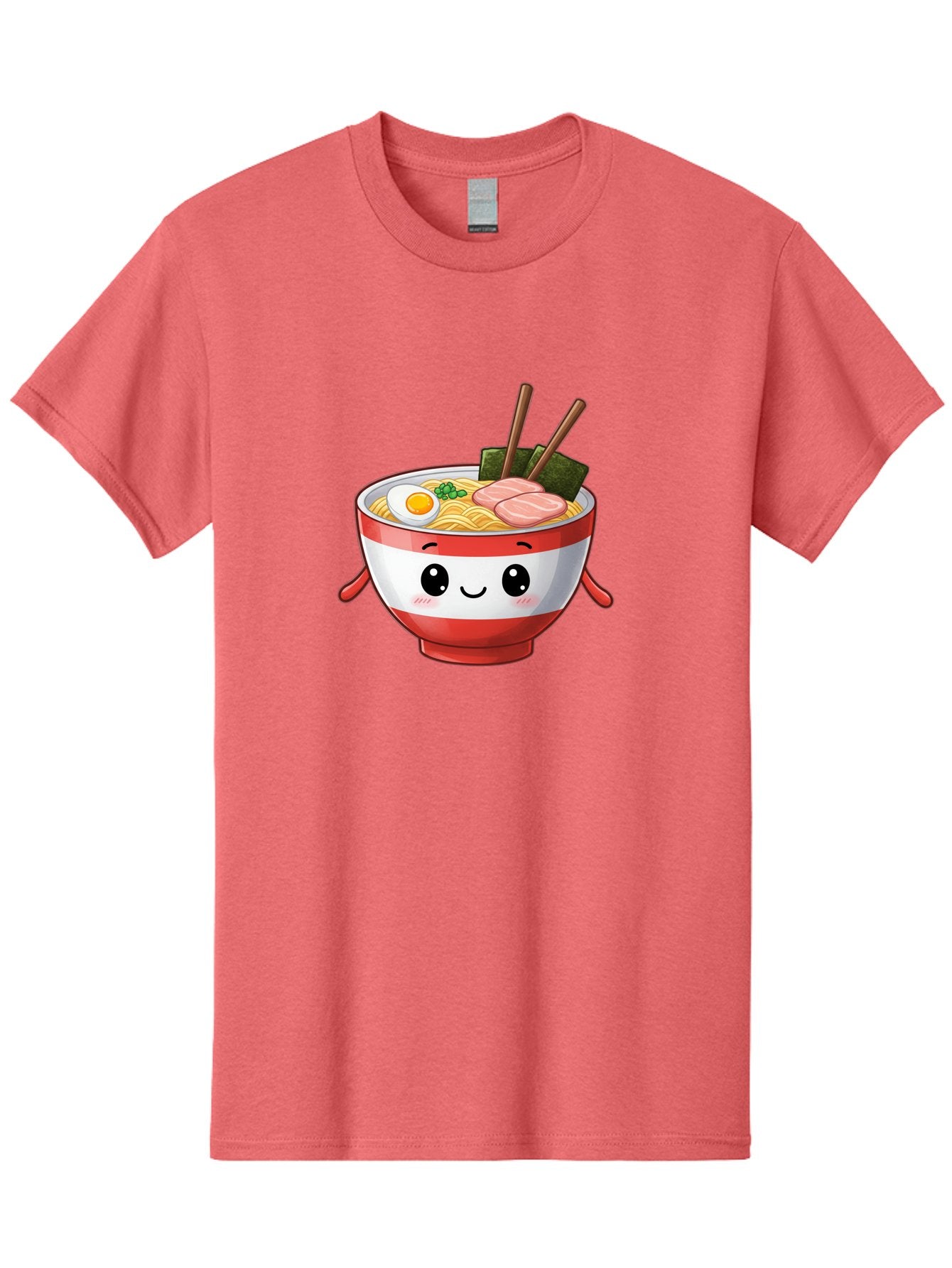 Ramen-Noodle-Bowl Men'S Graphic Tee, 100% Cotton, Comfortable Casual Summer Wear, Machine Washable, Cartoon Ramen Bowl, Japanese Food, Noodle Soup, Egg, Pork Slices, Seaweed, Chopsticks, Kawaii Character, Cute Design, Anime Style Bab307 3
