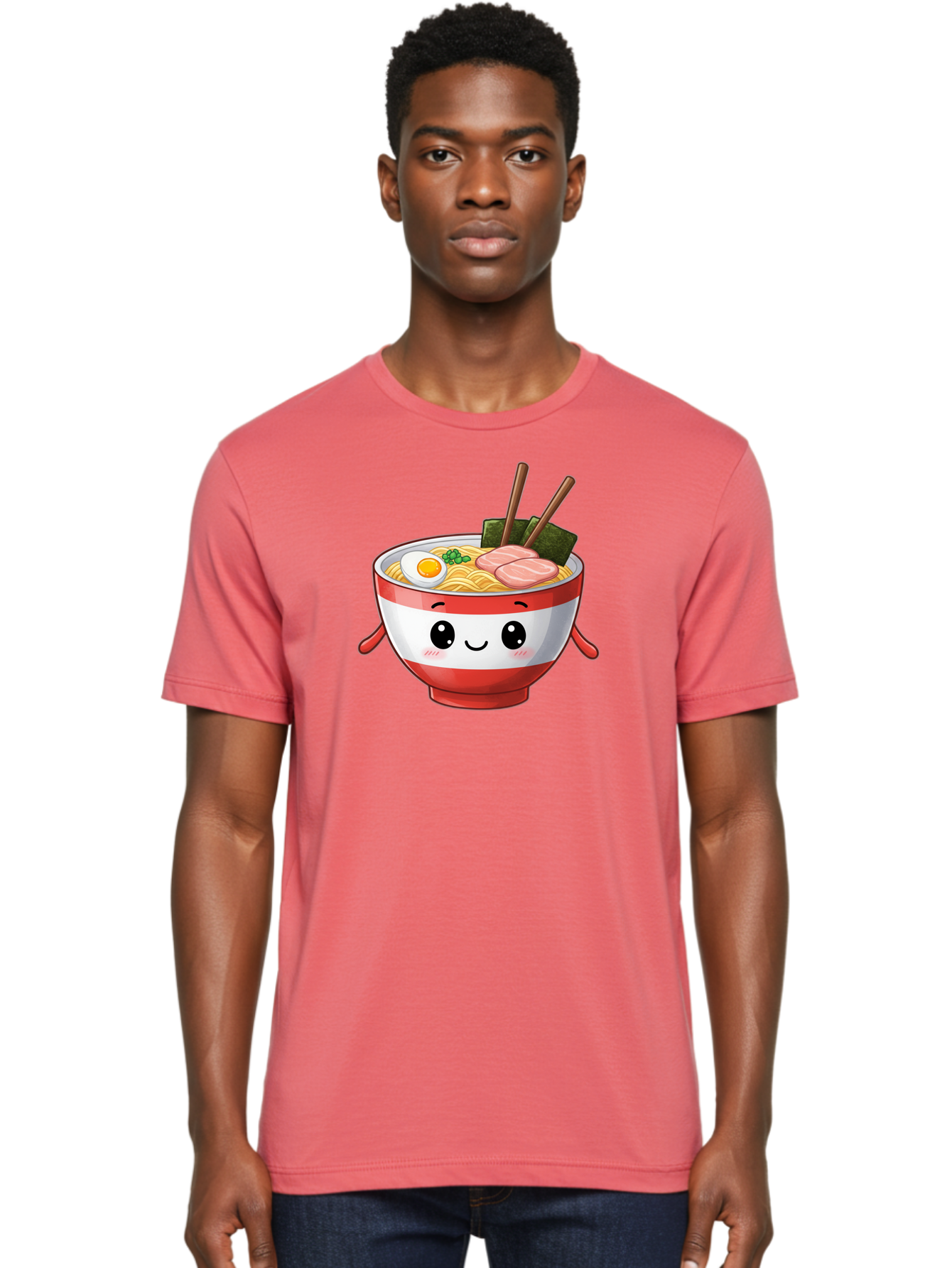 Ramen-Noodle-Bowl Men'S Graphic Tee, 100% Cotton, Comfortable Casual Summer Wear, Machine Washable, Cartoon Ramen Bowl, Japanese Food, Noodle Soup, Egg, Pork Slices, Seaweed, Chopsticks, Kawaii Character, Cute Design, Anime Style Bab307 18