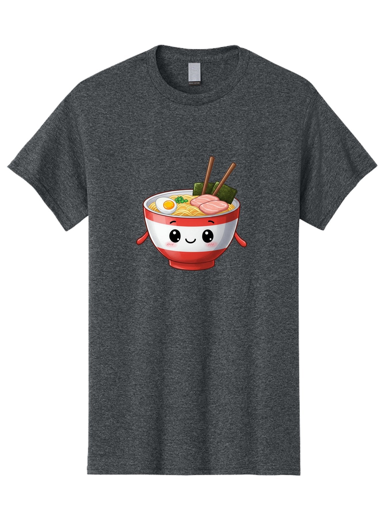 Ramen-Noodle-Bowl Men'S Graphic Tee, 100% Cotton, Comfortable Casual Summer Wear, Machine Washable, Cartoon Ramen Bowl, Japanese Food, Noodle Soup, Egg, Pork Slices, Seaweed, Chopsticks, Kawaii Character, Cute Design, Anime Style Bab307