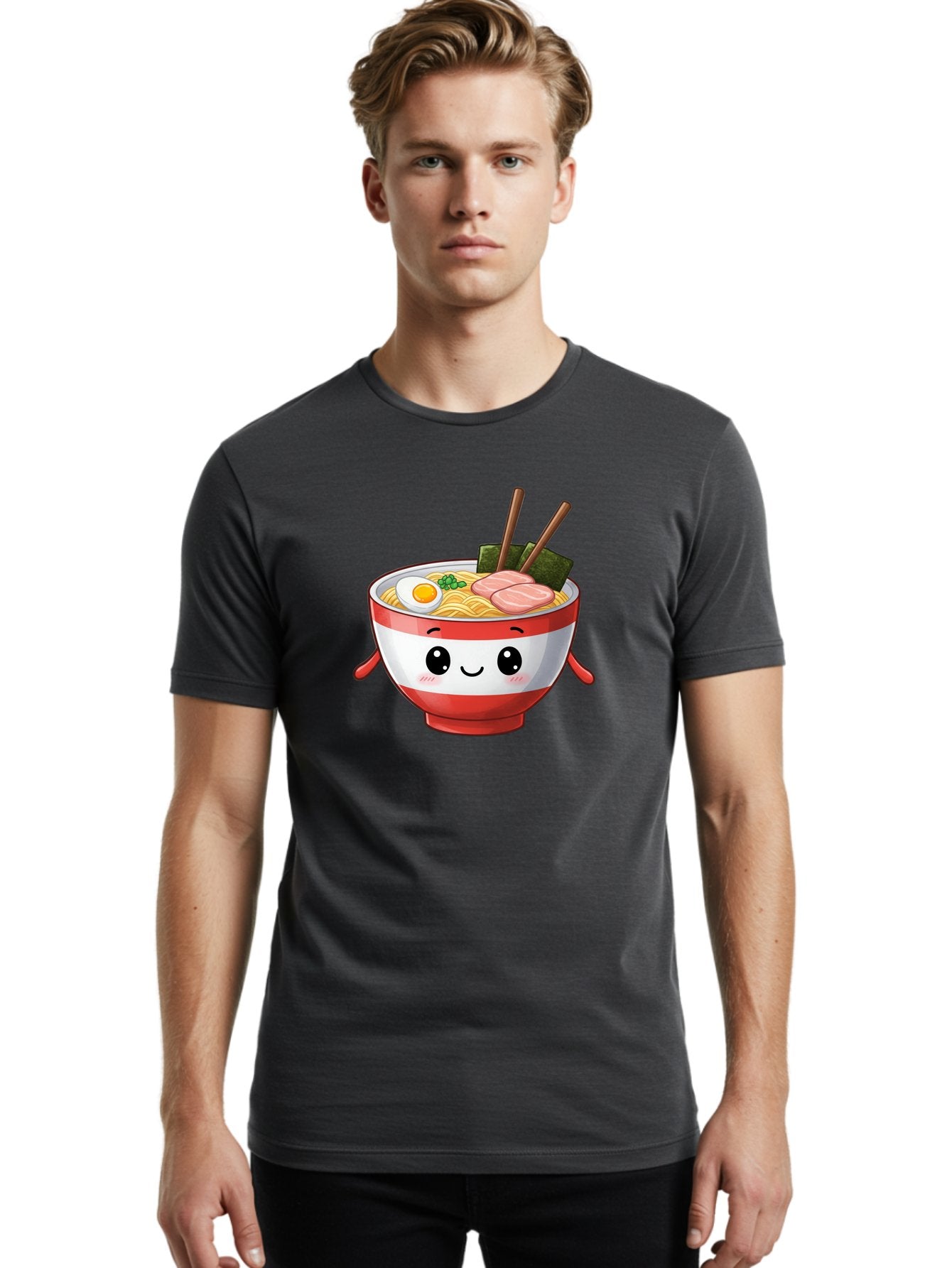 Ramen-Noodle-Bowl Men'S Graphic Tee, 100% Cotton, Comfortable Casual Summer Wear, Machine Washable, Cartoon Ramen Bowl, Japanese Food, Noodle Soup, Egg, Pork Slices, Seaweed, Chopsticks, Kawaii Character, Cute Design, Anime Style Bab307 21