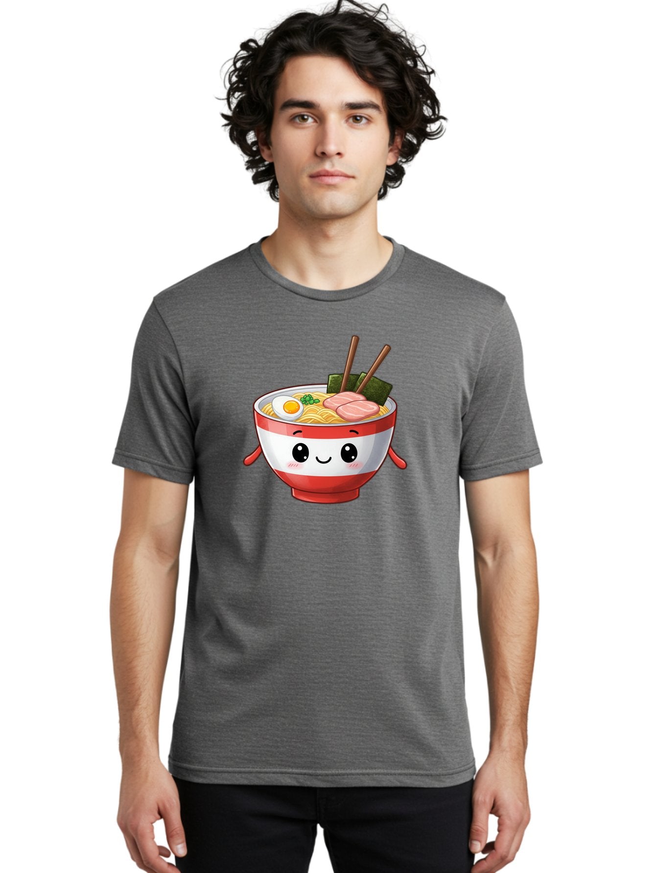 Ramen-Noodle-Bowl Men'S Graphic Tee, 100% Cotton, Comfortable Casual Summer Wear, Machine Washable, Cartoon Ramen Bowl, Japanese Food, Noodle Soup, Egg, Pork Slices, Seaweed, Chopsticks, Kawaii Character, Cute Design, Anime Style Bab307 17