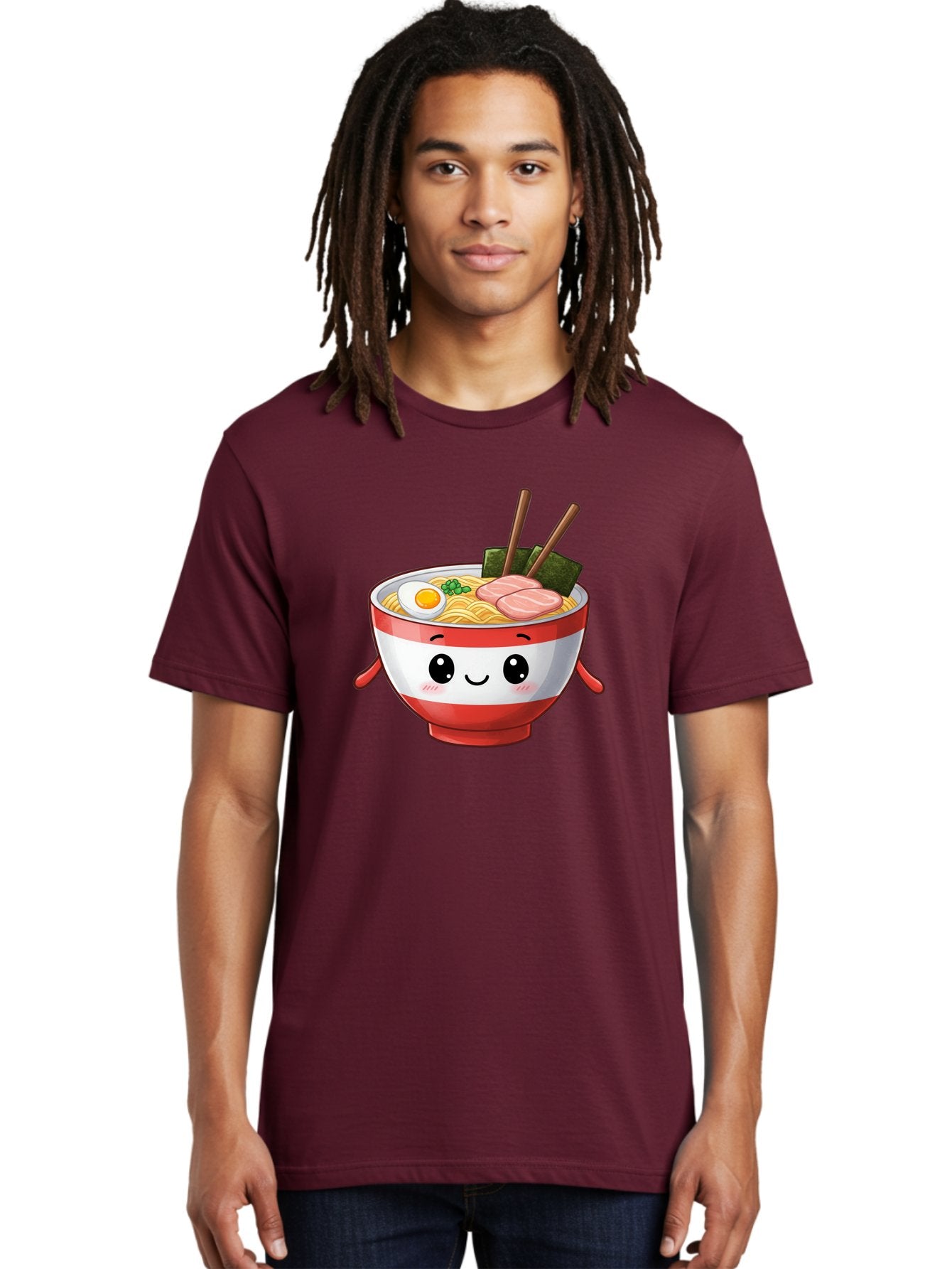 Ramen-Noodle-Bowl Men'S Graphic Tee, 100% Cotton, Comfortable Casual Summer Wear, Machine Washable, Cartoon Ramen Bowl, Japanese Food, Noodle Soup, Egg, Pork Slices, Seaweed, Chopsticks, Kawaii Character, Cute Design, Anime Style Bab307 28