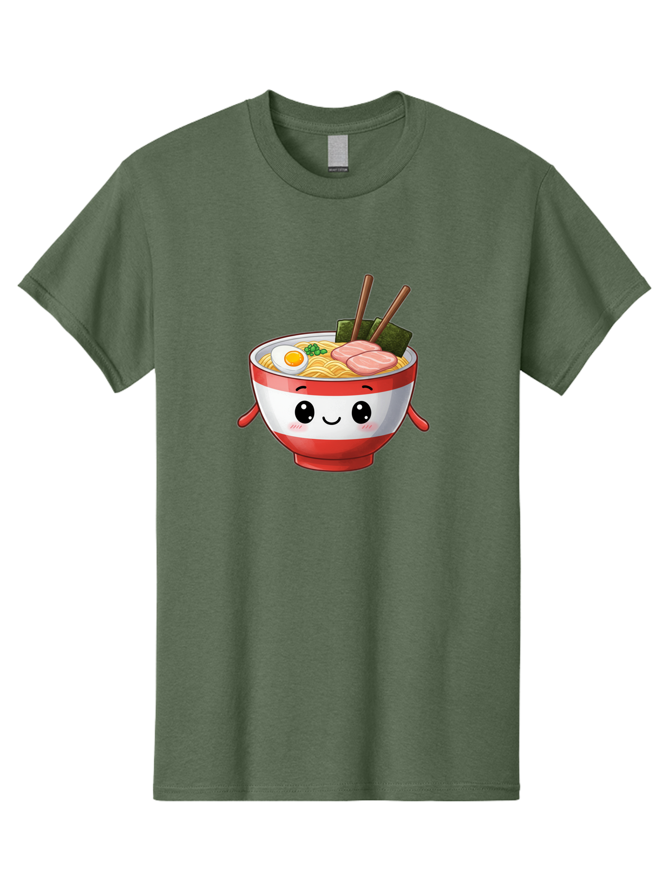 Ramen-Noodle-Bowl Men'S Graphic Tee, 100% Cotton, Comfortable Casual Summer Wear, Machine Washable, Cartoon Ramen Bowl, Japanese Food, Noodle Soup, Egg, Pork Slices, Seaweed, Chopsticks, Kawaii Character, Cute Design, Anime Style Bab307