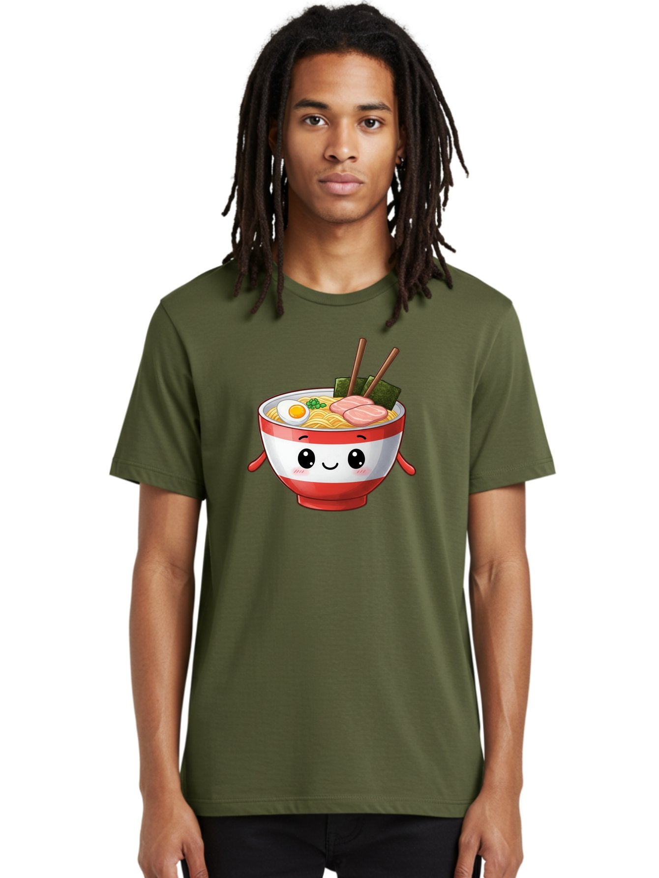 Ramen-Noodle-Bowl Men'S Graphic Tee, 100% Cotton, Comfortable Casual Summer Wear, Machine Washable, Cartoon Ramen Bowl, Japanese Food, Noodle Soup, Egg, Pork Slices, Seaweed, Chopsticks, Kawaii Character, Cute Design, Anime Style Bab307 30