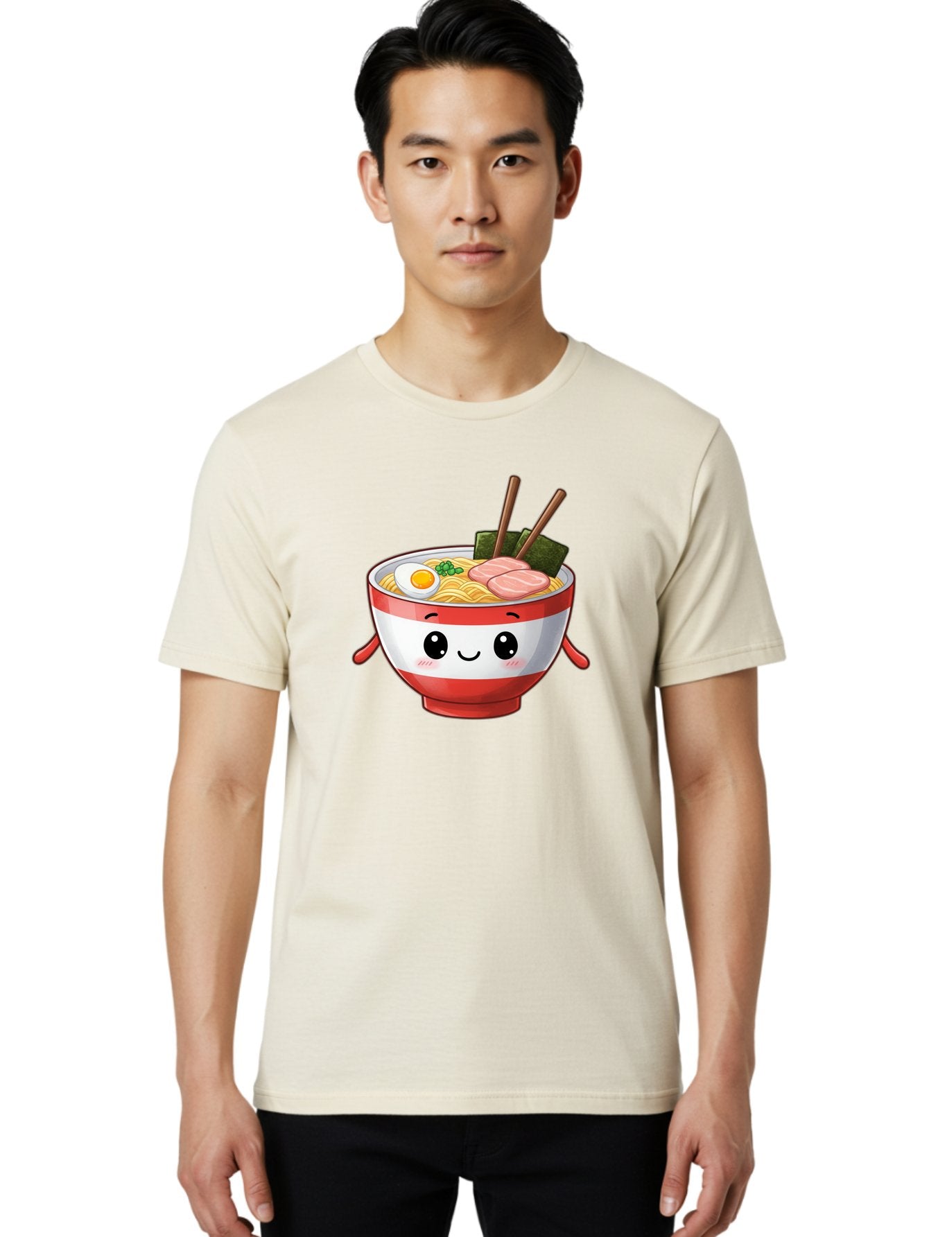 Ramen-Noodle-Bowl Men'S Graphic Tee, 100% Cotton, Comfortable Casual Summer Wear, Machine Washable, Cartoon Ramen Bowl, Japanese Food, Noodle Soup, Egg, Pork Slices, Seaweed, Chopsticks, Kawaii Character, Cute Design, Anime Style Bab307 29