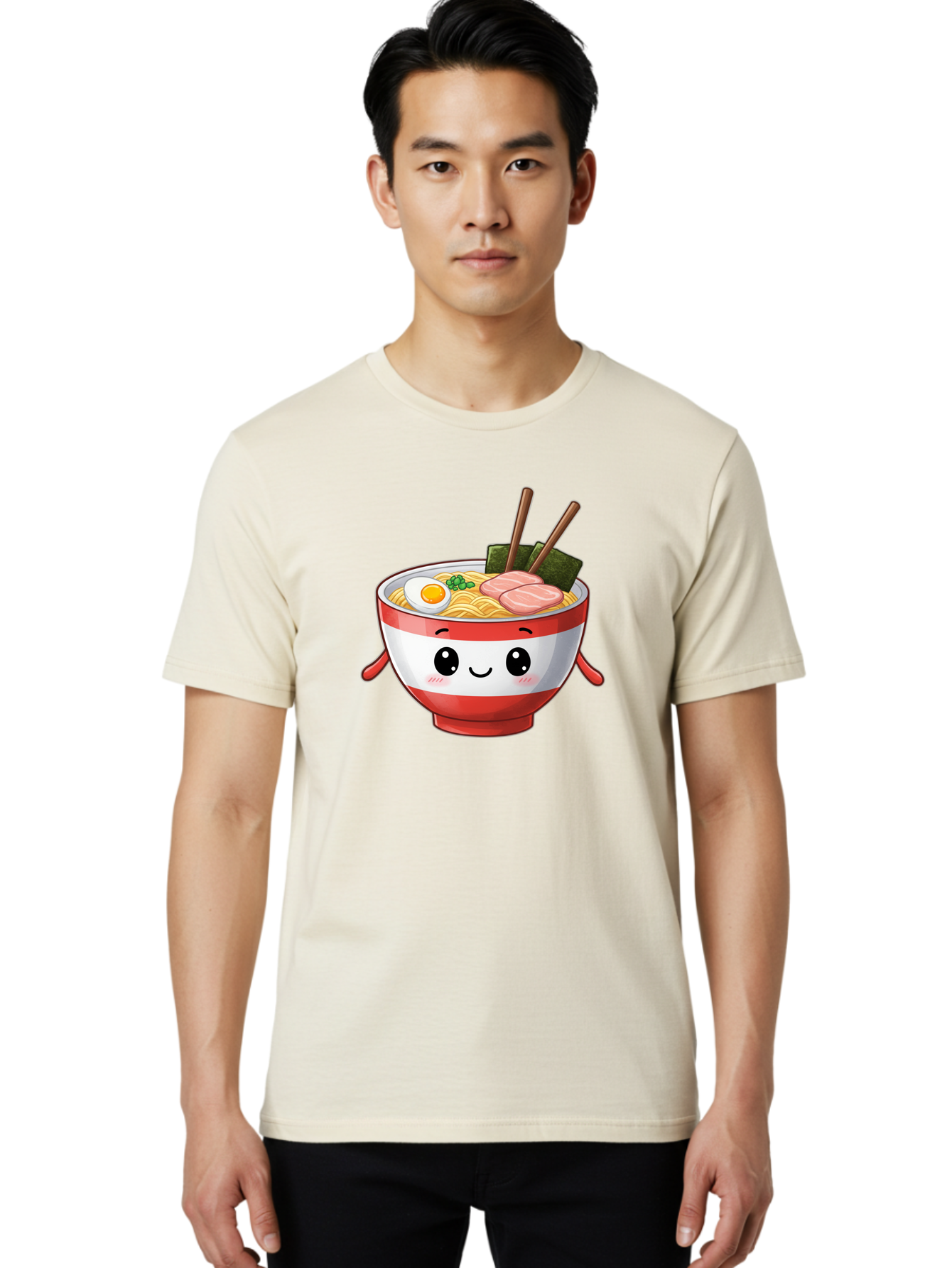 Ramen-Noodle-Bowl Men'S Graphic Tee, 100% Cotton, Comfortable Casual Summer Wear, Machine Washable, Cartoon Ramen Bowl, Japanese Food, Noodle Soup, Egg, Pork Slices, Seaweed, Chopsticks, Kawaii Character, Cute Design, Anime Style Bab307 4