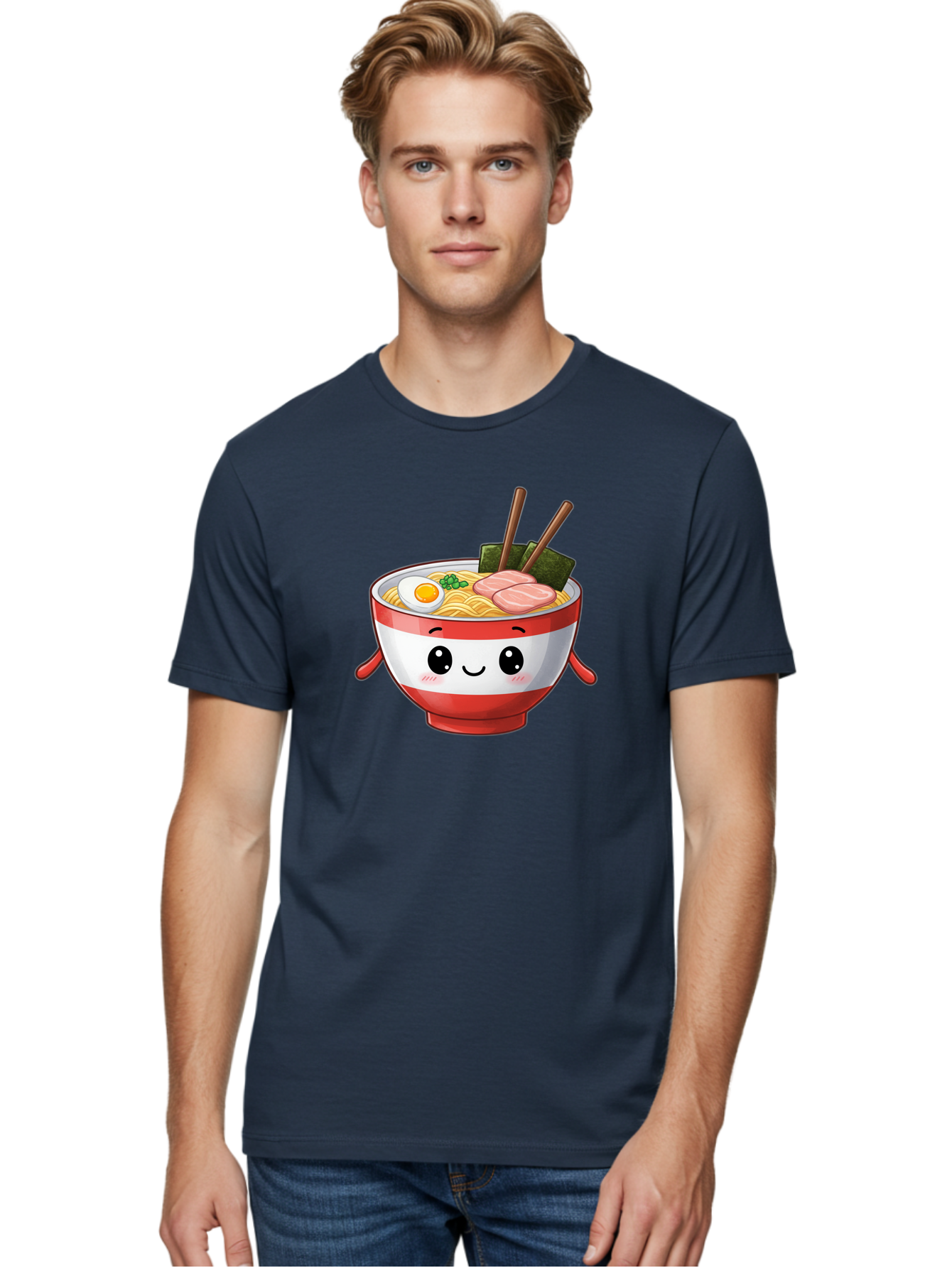 Ramen-Noodle-Bowl Men'S Graphic Tee, 100% Cotton, Comfortable Casual Summer Wear, Machine Washable, Cartoon Ramen Bowl, Japanese Food, Noodle Soup, Egg, Pork Slices, Seaweed, Chopsticks, Kawaii Character, Cute Design, Anime Style Bab307 26