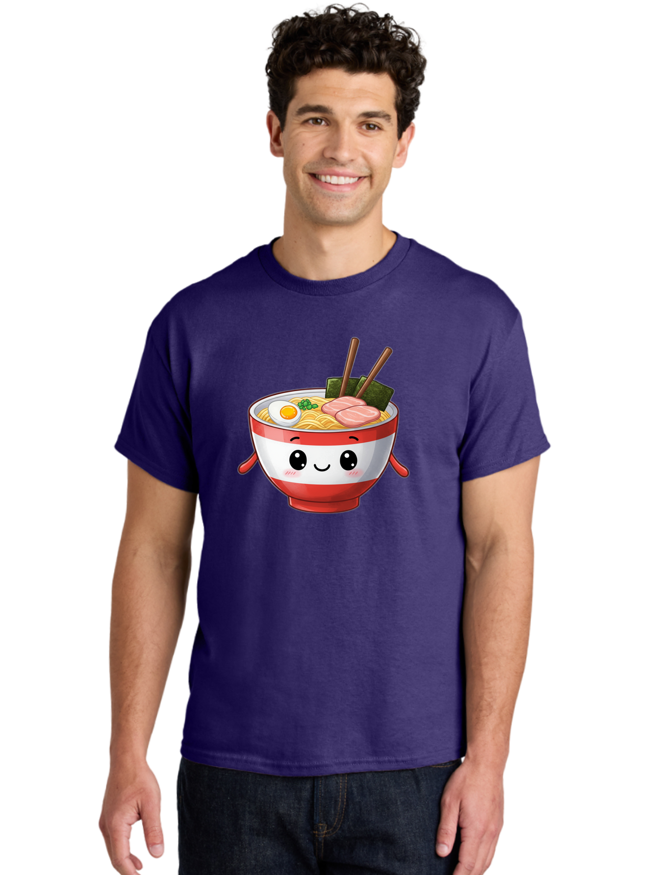 Ramen-Noodle-Bowl Men'S Graphic Tee, 100% Cotton, Comfortable Casual Summer Wear, Machine Washable, Cartoon Ramen Bowl, Japanese Food, Noodle Soup, Egg, Pork Slices, Seaweed, Chopsticks, Kawaii Character, Cute Design, Anime Style Bab307 14