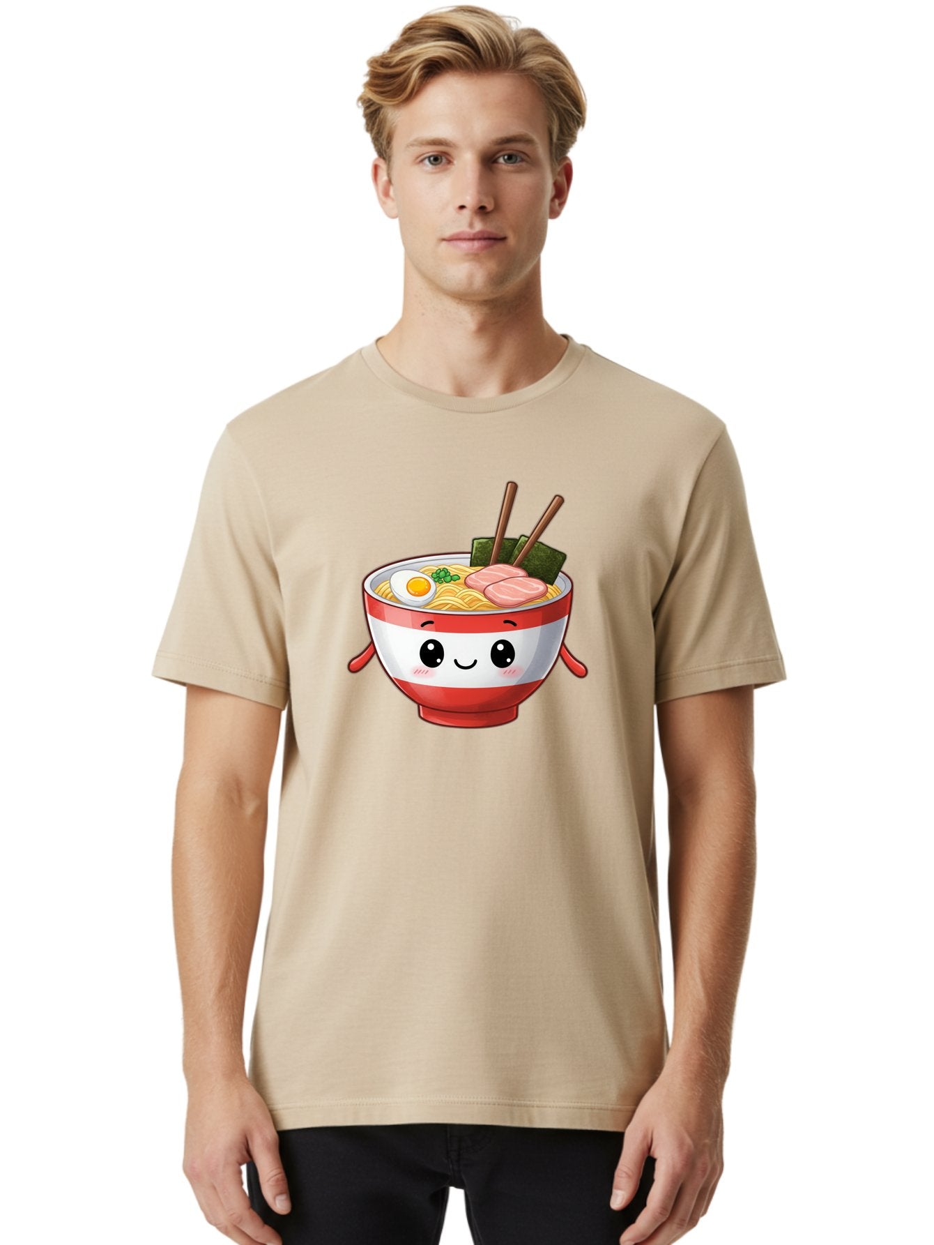 Ramen-Noodle-Bowl Men'S Graphic Tee, 100% Cotton, Comfortable Casual Summer Wear, Machine Washable, Cartoon Ramen Bowl, Japanese Food, Noodle Soup, Egg, Pork Slices, Seaweed, Chopsticks, Kawaii Character, Cute Design, Anime Style Bab307 27