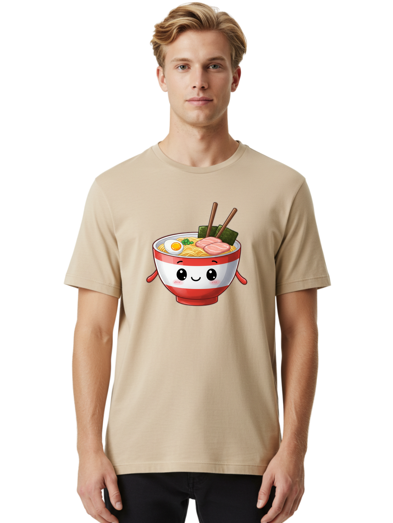 Ramen-Noodle-Bowl Men'S Graphic Tee, 100% Cotton, Comfortable Casual Summer Wear, Machine Washable, Cartoon Ramen Bowl, Japanese Food, Noodle Soup, Egg, Pork Slices, Seaweed, Chopsticks, Kawaii Character, Cute Design, Anime Style Bab307 8