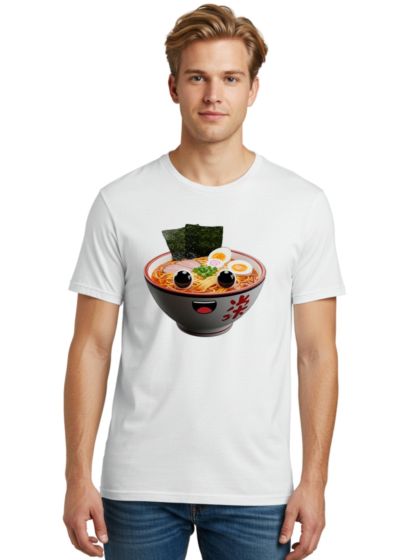 Ramen-Noodle Men'S Graphic Tee, 100% Cotton, Comfortable Casual Summer Wear, Machine Washable, Steaming Bowl Of Ramen, Japanese Cuisine, Noodle Soup, Sliced Pork, Boiled Egg, Green Onions, Seaweed, Cartoonish Illustration, Kawaii Food, Bab308 27