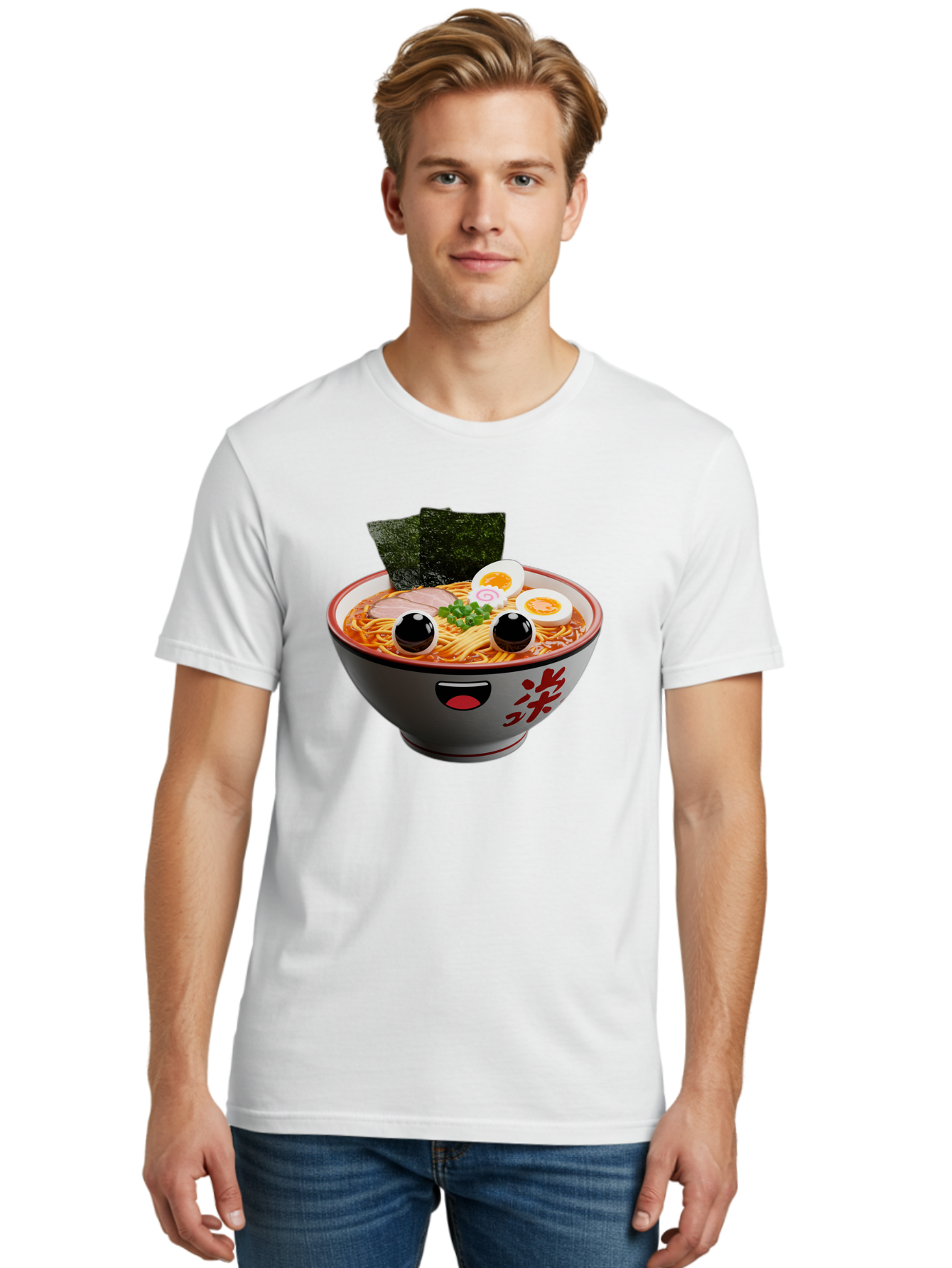 Ramen-Noodle Men'S Graphic Tee, 100% Cotton, Comfortable Casual Summer Wear, Machine Washable, Steaming Bowl Of Ramen, Japanese Cuisine, Noodle Soup, Sliced Pork, Boiled Egg, Green Onions, Seaweed, Cartoonish Illustration, Kawaii Food, Bab308 8