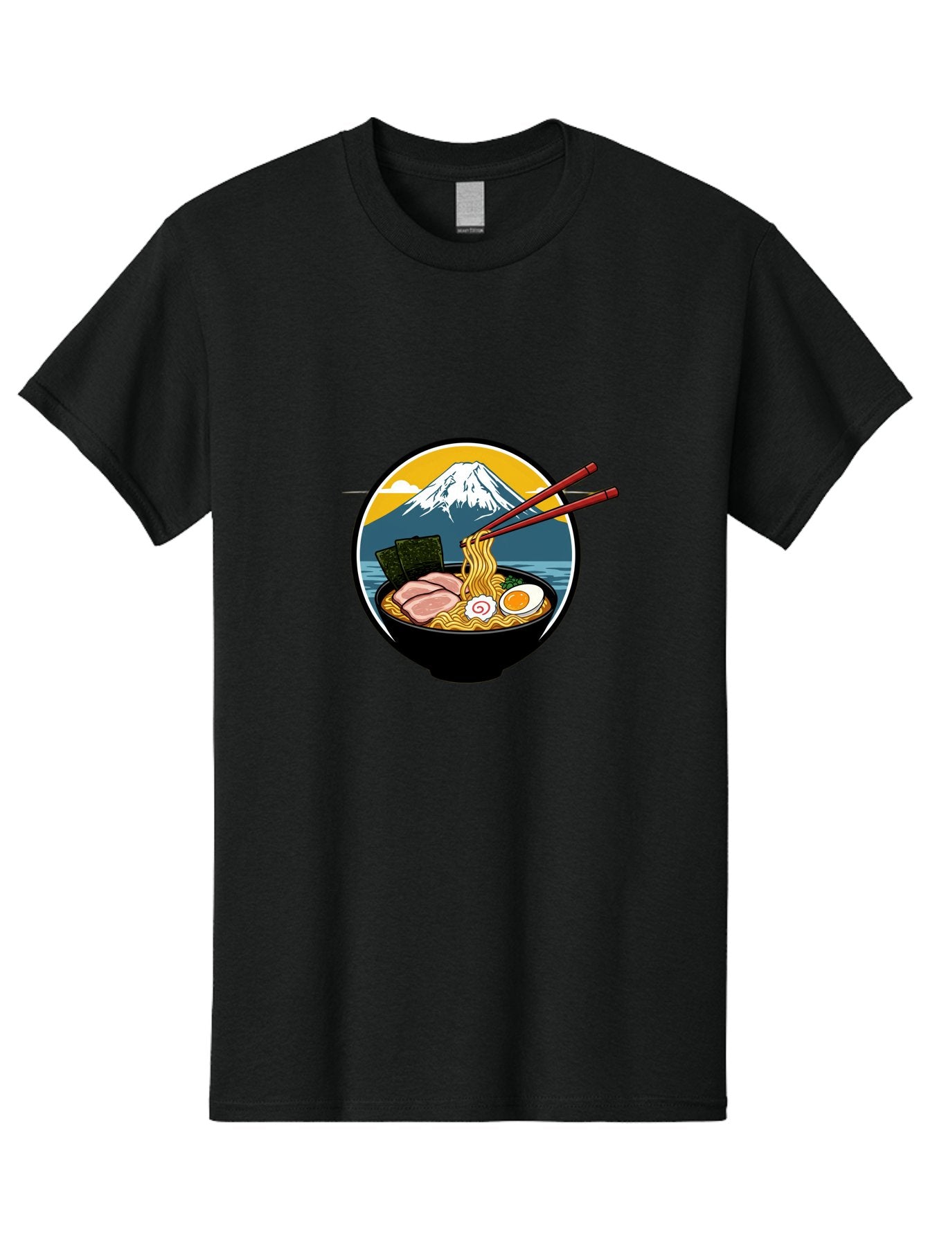 Ramen-Noodles-With-Mount-Fuji Men'S Graphic Tee, 100% Cotton, Comfortable Casual Summer Wear, Machine Washable, Steaming Bowl Of Ramen Noodles, Delicious Japanese Cuisine, Savory Pork Slices, Boiled Egg, Seaweed, Mount Fuji, Chopsticks, Bab315 6