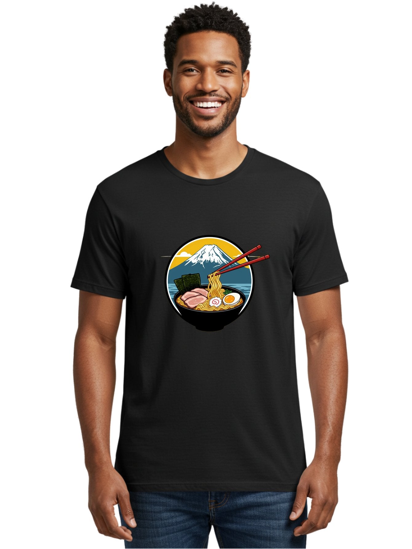 Ramen-Noodles-With-Mount-Fuji Men'S Graphic Tee, 100% Cotton, Comfortable Casual Summer Wear, Machine Washable, Steaming Bowl Of Ramen Noodles, Delicious Japanese Cuisine, Savory Pork Slices, Boiled Egg, Seaweed, Mount Fuji, Chopsticks, Bab315 24