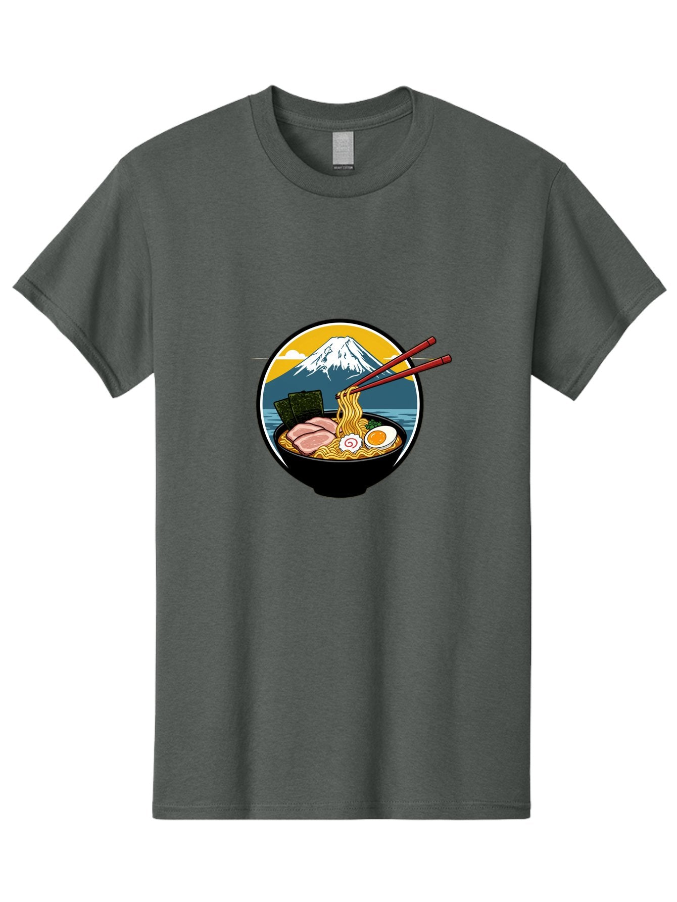 Ramen-Noodles-With-Mount-Fuji Men'S Graphic Tee, 100% Cotton, Comfortable Casual Summer Wear, Machine Washable, Steaming Bowl Of Ramen Noodles, Delicious Japanese Cuisine, Savory Pork Slices, Boiled Egg, Seaweed, Mount Fuji, Chopsticks, Bab315 3