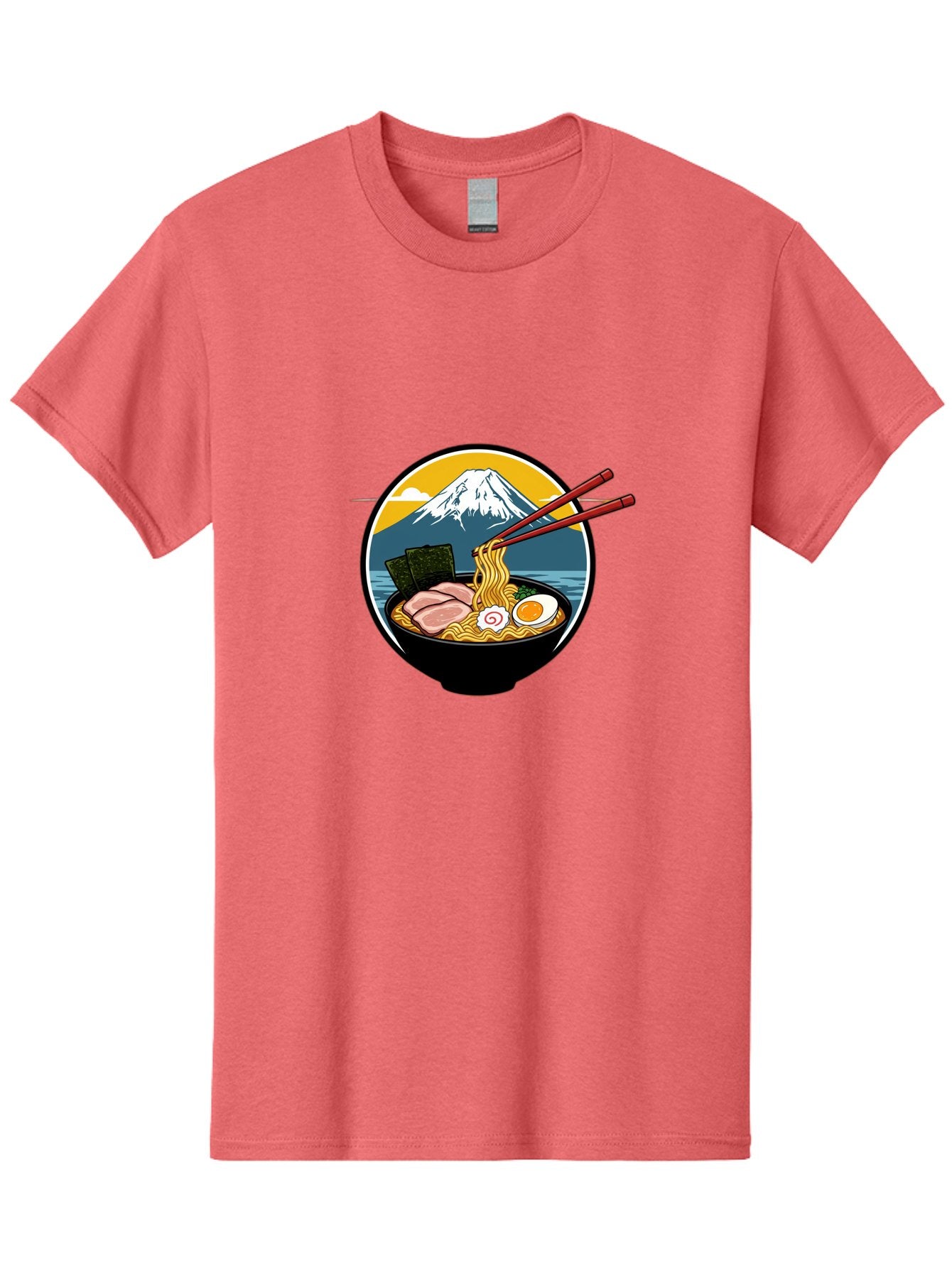 Ramen-Noodles-With-Mount-Fuji Men'S Graphic Tee, 100% Cotton, Comfortable Casual Summer Wear, Machine Washable, Steaming Bowl Of Ramen Noodles, Delicious Japanese Cuisine, Savory Pork Slices, Boiled Egg, Seaweed, Mount Fuji, Chopsticks, Bab315 14