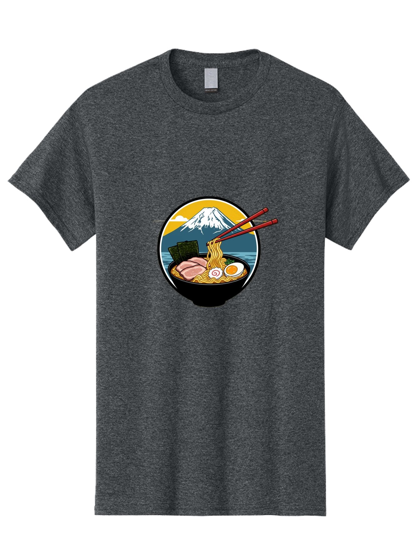 Ramen-Noodles-With-Mount-Fuji Men'S Graphic Tee, 100% Cotton, Comfortable Casual Summer Wear, Machine Washable, Steaming Bowl Of Ramen Noodles, Delicious Japanese Cuisine, Savory Pork Slices, Boiled Egg, Seaweed, Mount Fuji, Chopsticks, Bab315