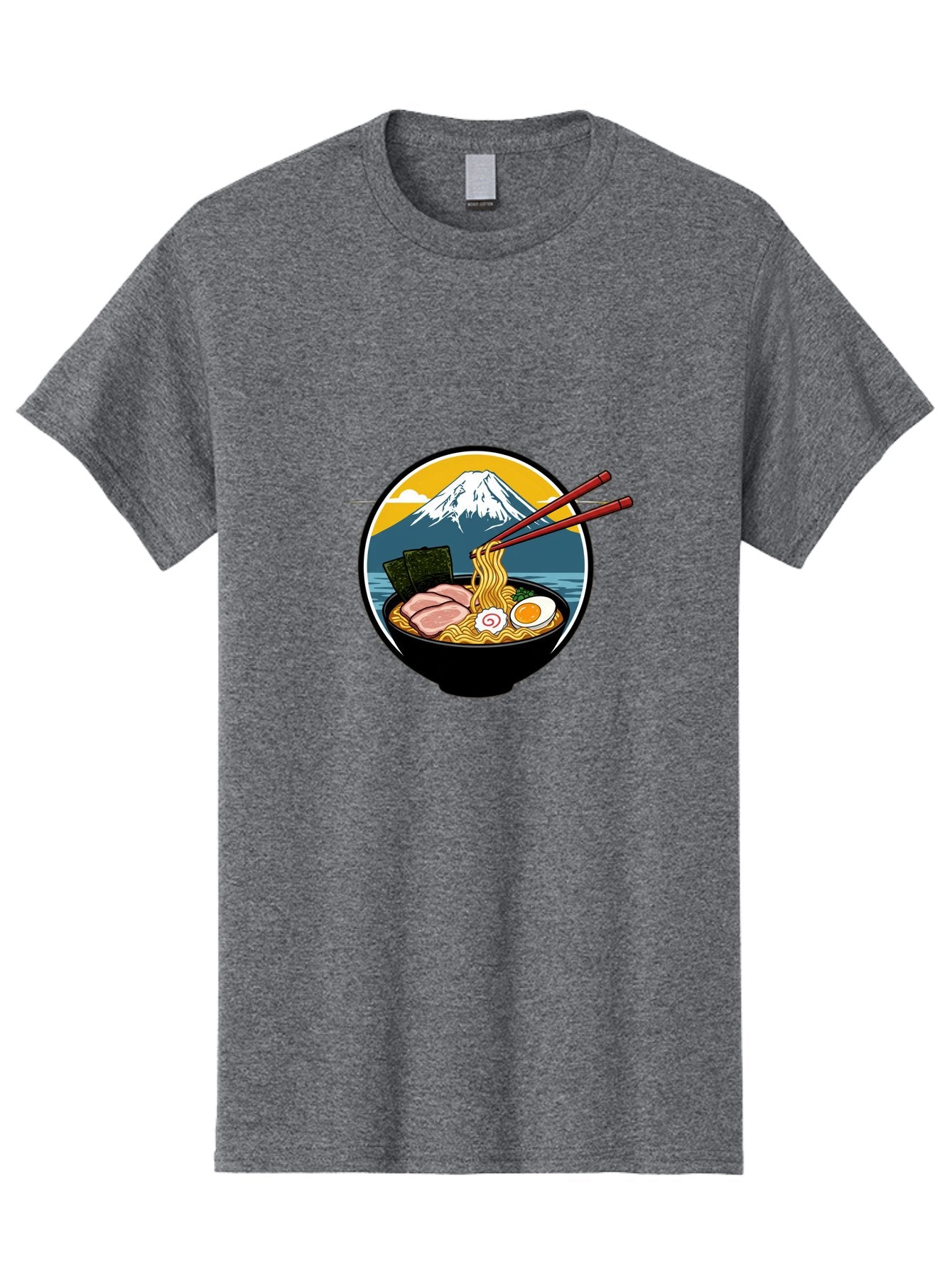 Ramen-Noodles-With-Mount-Fuji Men'S Graphic Tee, 100% Cotton, Comfortable Casual Summer Wear, Machine Washable, Steaming Bowl Of Ramen Noodles, Delicious Japanese Cuisine, Savory Pork Slices, Boiled Egg, Seaweed, Mount Fuji, Chopsticks, Bab315