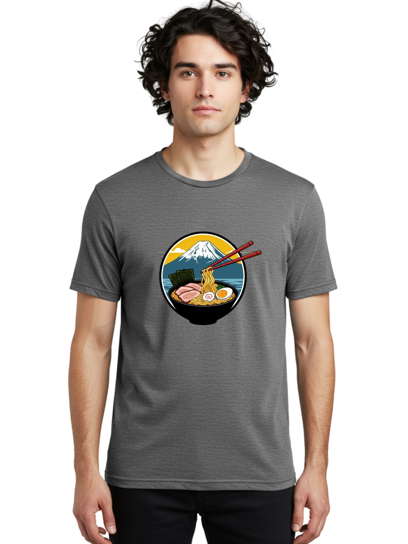 Ramen-Noodles-With-Mount-Fuji Men'S Graphic Tee, 100% Cotton, Comfortable Casual Summer Wear, Machine Washable, Steaming Bowl Of Ramen Noodles, Delicious Japanese Cuisine, Savory Pork Slices, Boiled Egg, Seaweed, Mount Fuji, Chopsticks, Bab315 19