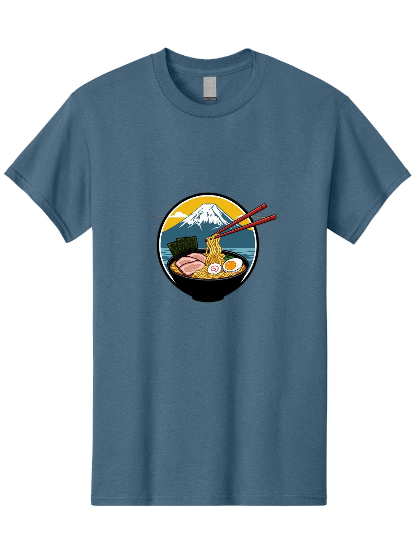 Ramen-Noodles-With-Mount-Fuji Men'S Graphic Tee, 100% Cotton, Comfortable Casual Summer Wear, Machine Washable, Steaming Bowl Of Ramen Noodles, Delicious Japanese Cuisine, Savory Pork Slices, Boiled Egg, Seaweed, Mount Fuji, Chopsticks, Bab315 7