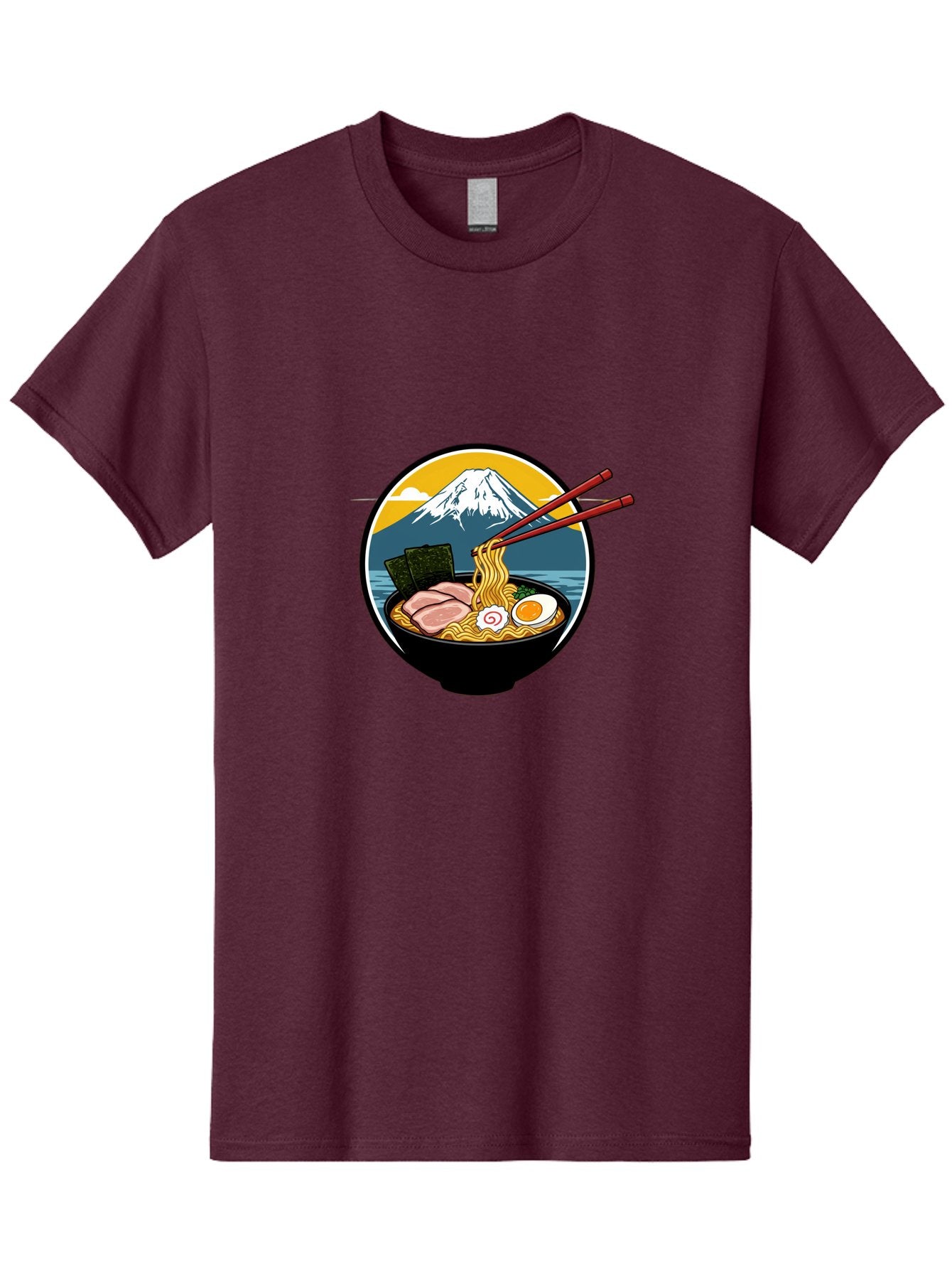 Ramen-Noodles-With-Mount-Fuji Men'S Graphic Tee, 100% Cotton, Comfortable Casual Summer Wear, Machine Washable, Steaming Bowl Of Ramen Noodles, Delicious Japanese Cuisine, Savory Pork Slices, Boiled Egg, Seaweed, Mount Fuji, Chopsticks, Bab315 12
