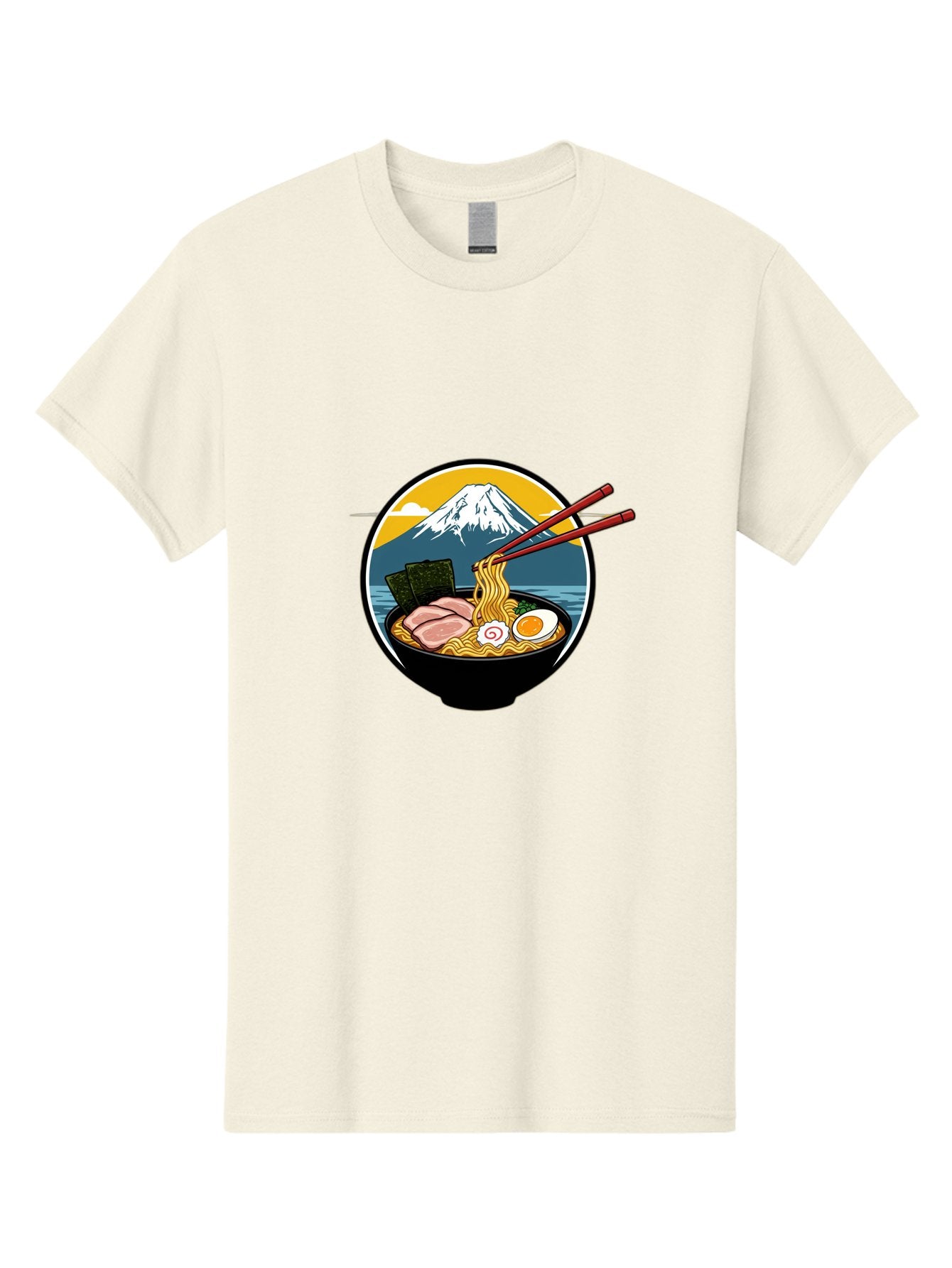 Ramen-Noodles-With-Mount-Fuji Men'S Graphic Tee, 100% Cotton, Comfortable Casual Summer Wear, Machine Washable, Steaming Bowl Of Ramen Noodles, Delicious Japanese Cuisine, Savory Pork Slices, Boiled Egg, Seaweed, Mount Fuji, Chopsticks, Bab315 9