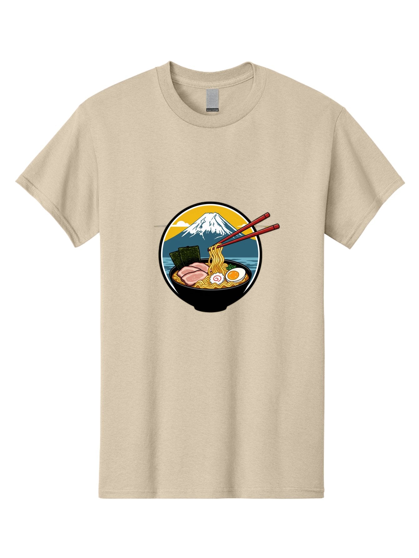 Ramen-Noodles-With-Mount-Fuji Men'S Graphic Tee, 100% Cotton, Comfortable Casual Summer Wear, Machine Washable, Steaming Bowl Of Ramen Noodles, Delicious Japanese Cuisine, Savory Pork Slices, Boiled Egg, Seaweed, Mount Fuji, Chopsticks, Bab315 11