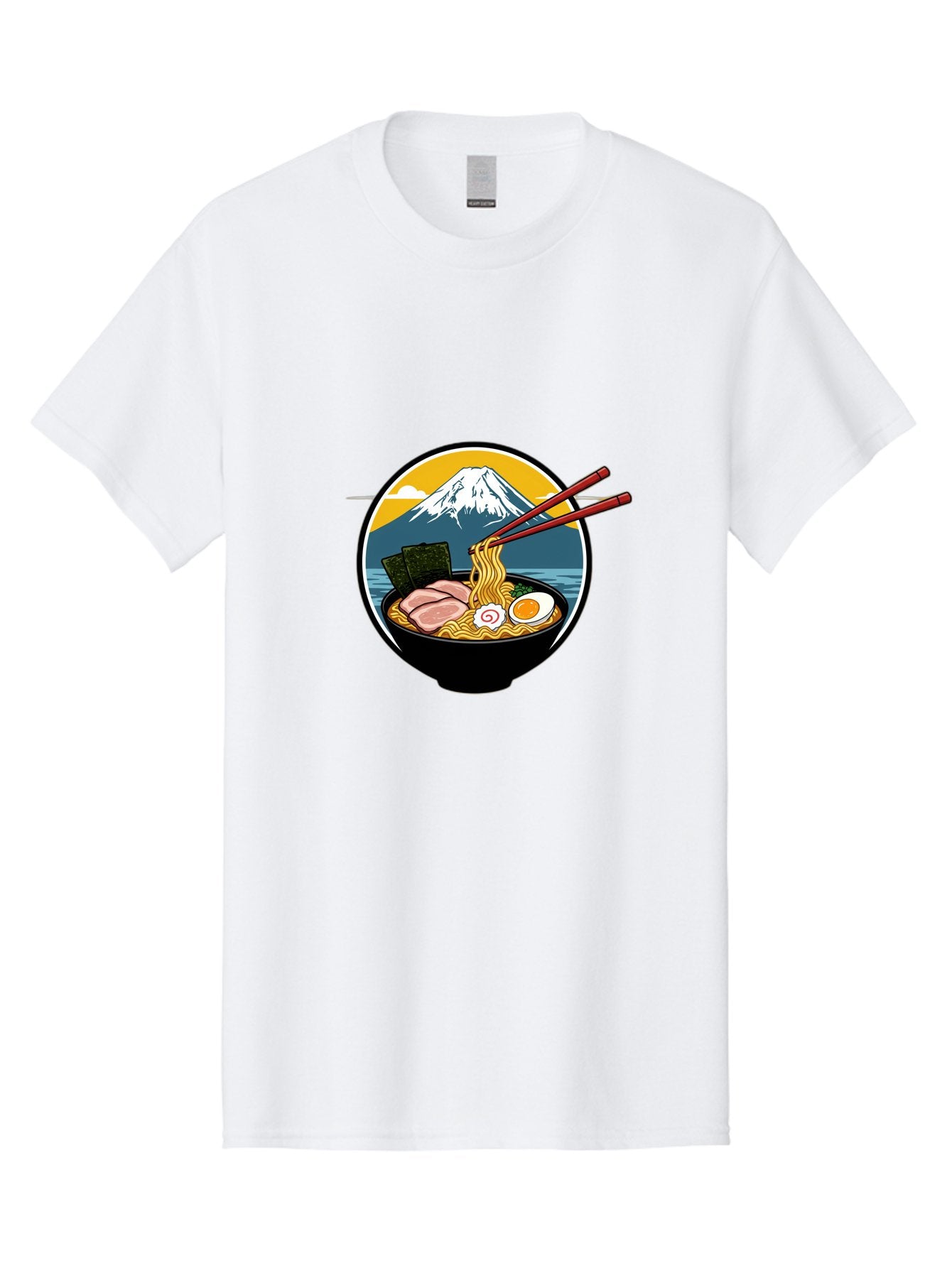 Ramen-Noodles-With-Mount-Fuji Men'S Graphic Tee, 100% Cotton, Comfortable Casual Summer Wear, Machine Washable, Steaming Bowl Of Ramen Noodles, Delicious Japanese Cuisine, Savory Pork Slices, Boiled Egg, Seaweed, Mount Fuji, Chopsticks, Bab315 4