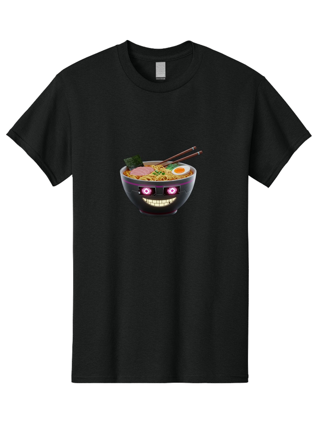 Ramen-Robot Men'S Graphic Tee, 100% Cotton, Comfortable Casual Summer Wear, Machine Washable, Ramen Bowl, Digital Illustration, Glowing Eyes, Robotic Face, Noodle Dish, Japanese Cuisine, Pink Accents, Chopsticks, Sliced Ham, Seaweed, Bab318 9