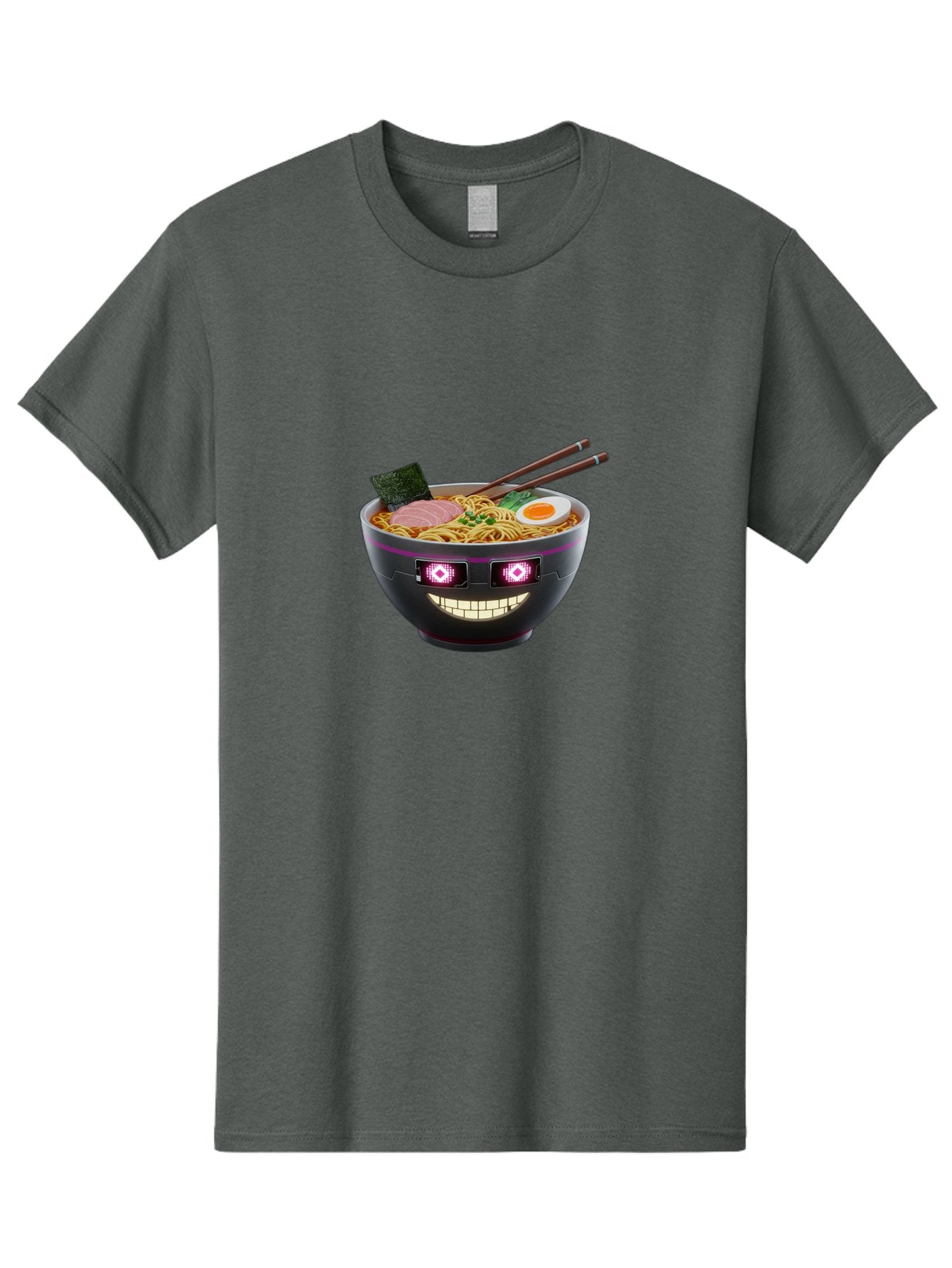 Ramen-Robot Men'S Graphic Tee, 100% Cotton, Comfortable Casual Summer Wear, Machine Washable, Ramen Bowl, Digital Illustration, Glowing Eyes, Robotic Face, Noodle Dish, Japanese Cuisine, Pink Accents, Chopsticks, Sliced Ham, Seaweed, Bab318 10