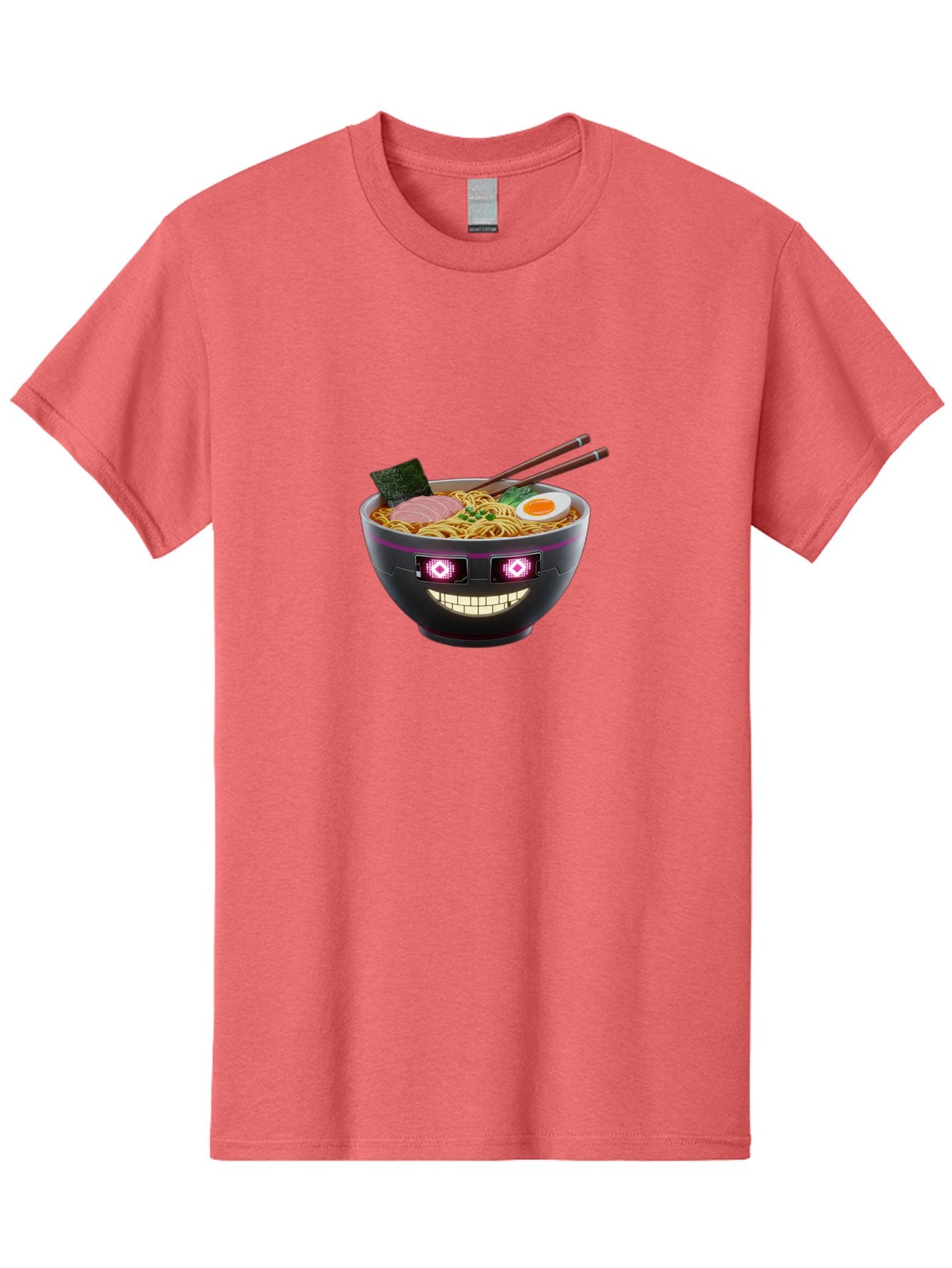 Ramen-Robot Men'S Graphic Tee, 100% Cotton, Comfortable Casual Summer Wear, Machine Washable, Ramen Bowl, Digital Illustration, Glowing Eyes, Robotic Face, Noodle Dish, Japanese Cuisine, Pink Accents, Chopsticks, Sliced Ham, Seaweed, Bab318 7