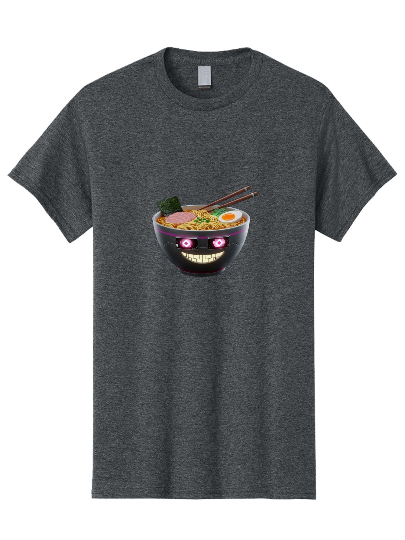 Ramen-Robot Men'S Graphic Tee, 100% Cotton, Comfortable Casual Summer Wear, Machine Washable, Ramen Bowl, Digital Illustration, Glowing Eyes, Robotic Face, Noodle Dish, Japanese Cuisine, Pink Accents, Chopsticks, Sliced Ham, Seaweed, Bab318 4