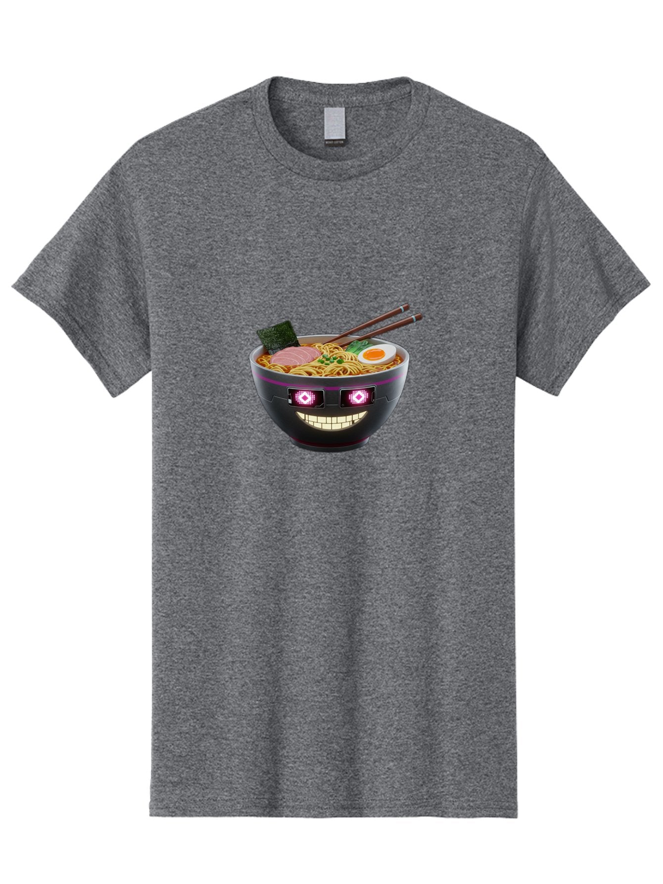 Ramen-Robot Men'S Graphic Tee, 100% Cotton, Comfortable Casual Summer Wear, Machine Washable, Ramen Bowl, Digital Illustration, Glowing Eyes, Robotic Face, Noodle Dish, Japanese Cuisine, Pink Accents, Chopsticks, Sliced Ham, Seaweed, Bab318