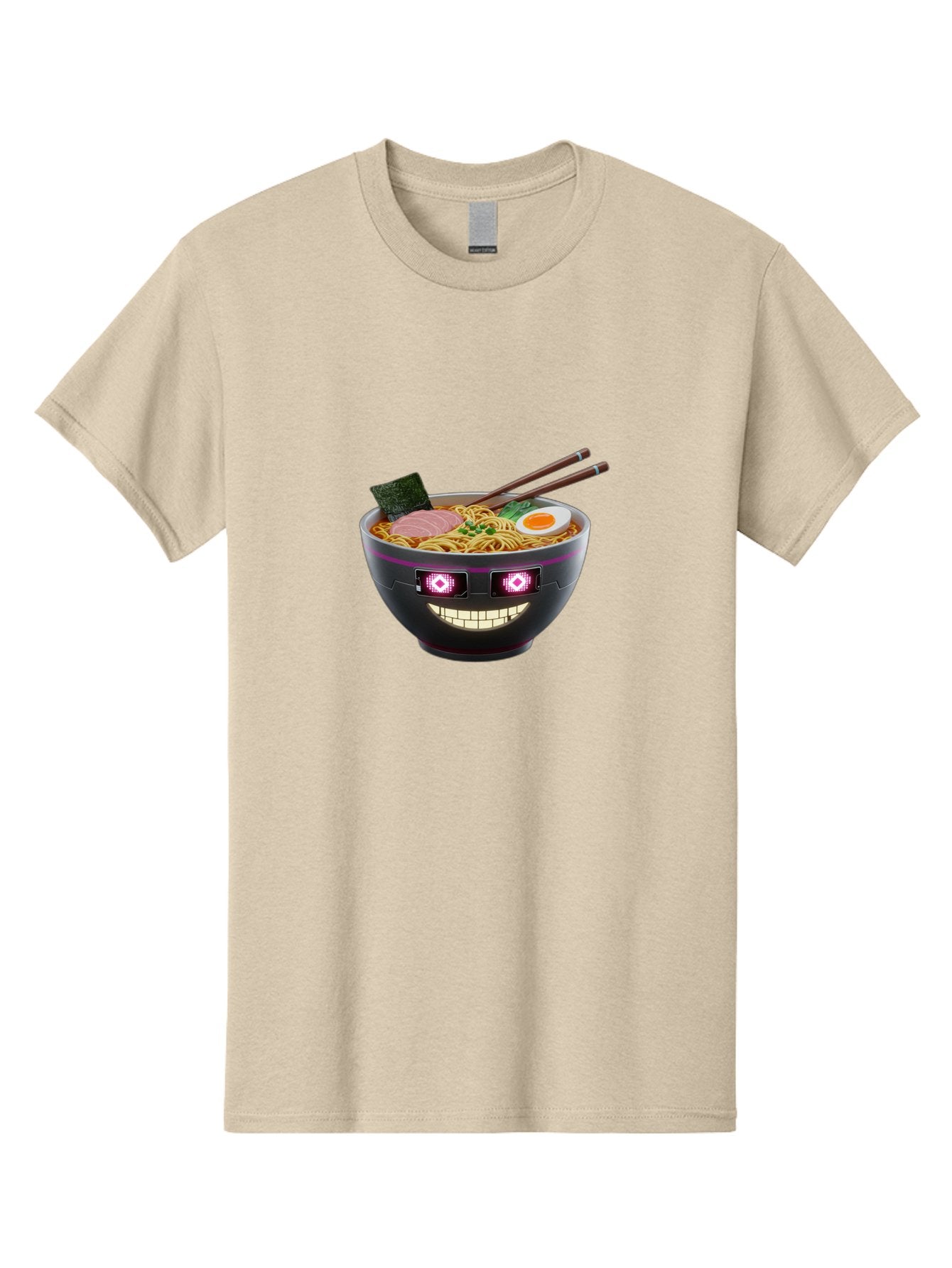 Ramen-Robot Men'S Graphic Tee, 100% Cotton, Comfortable Casual Summer Wear, Machine Washable, Ramen Bowl, Digital Illustration, Glowing Eyes, Robotic Face, Noodle Dish, Japanese Cuisine, Pink Accents, Chopsticks, Sliced Ham, Seaweed, Bab318 6