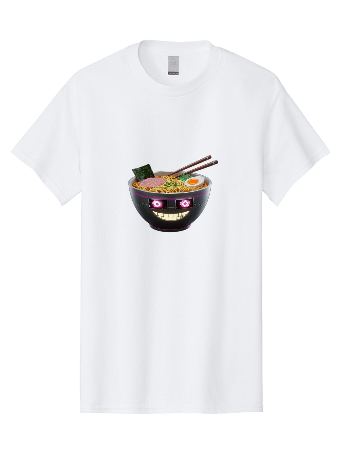 Ramen-Robot Men'S Graphic Tee, 100% Cotton, Comfortable Casual Summer Wear, Machine Washable, Ramen Bowl, Digital Illustration, Glowing Eyes, Robotic Face, Noodle Dish, Japanese Cuisine, Pink Accents, Chopsticks, Sliced Ham, Seaweed, Bab318 8