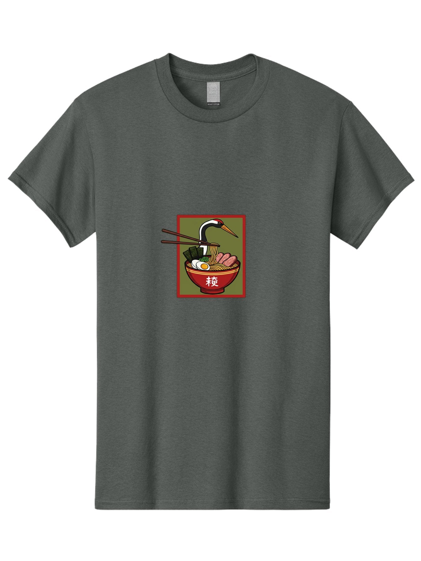 Ramen-With-Crane Men'S Graphic Tee, 100% Cotton, Comfortable Casual Summer Wear, Machine Washable, Ramen Bowl, Japanese Noodle Soup, Crane Bird, Chopsticks, Boiled Egg, Pork Slices, Seaweed, Kanji Characters, Oriental Cuisine, Savory Dish Bab319 5