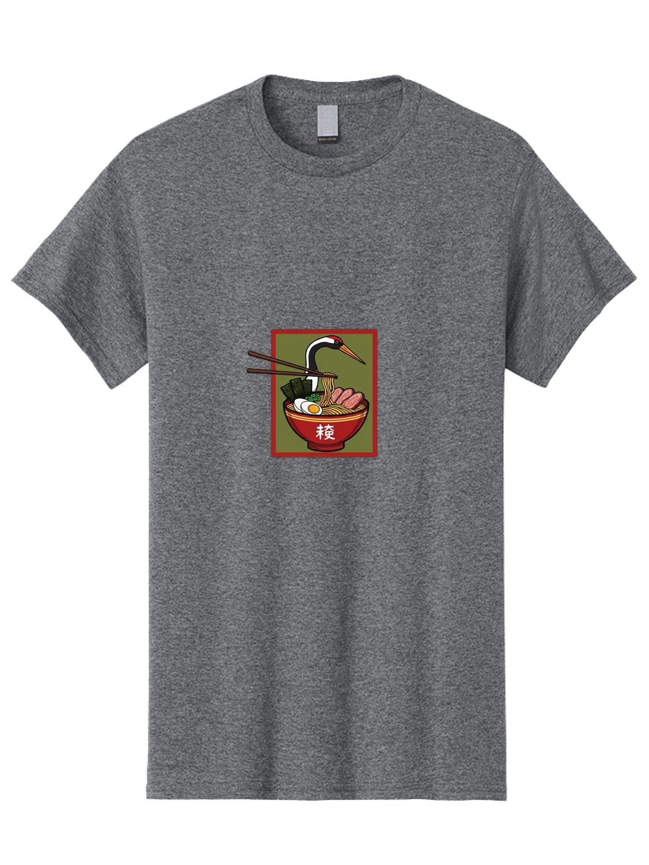 Ramen-With-Crane Men'S Graphic Tee, 100% Cotton, Comfortable Casual Summer Wear, Machine Washable, Ramen Bowl, Japanese Noodle Soup, Crane Bird, Chopsticks, Boiled Egg, Pork Slices, Seaweed, Kanji Characters, Oriental Cuisine, Savory Dish Bab319 8