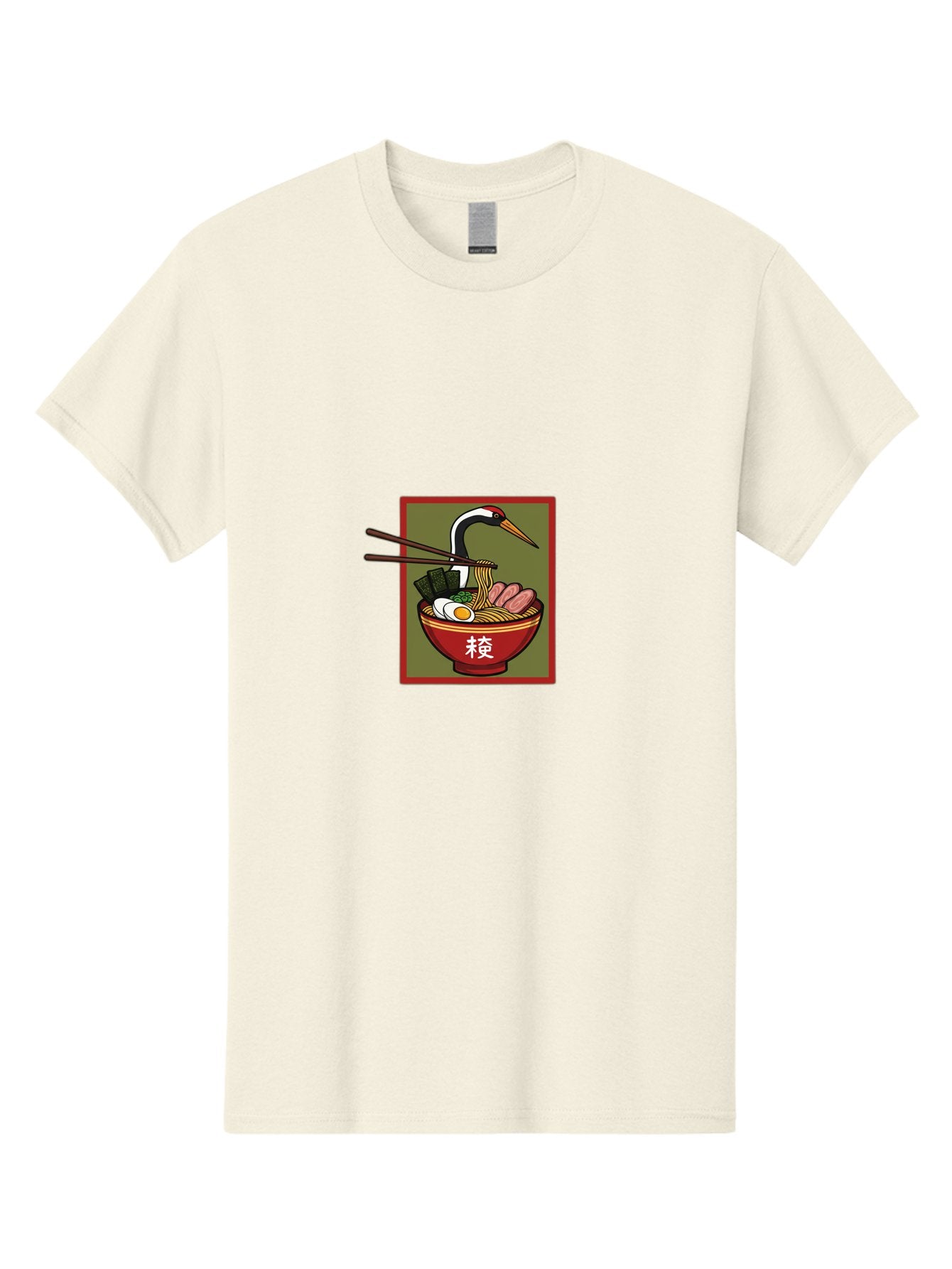 Ramen-With-Crane Men'S Graphic Tee, 100% Cotton, Comfortable Casual Summer Wear, Machine Washable, Ramen Bowl, Japanese Noodle Soup, Crane Bird, Chopsticks, Boiled Egg, Pork Slices, Seaweed, Kanji Characters, Oriental Cuisine, Savory Dish Bab319 10