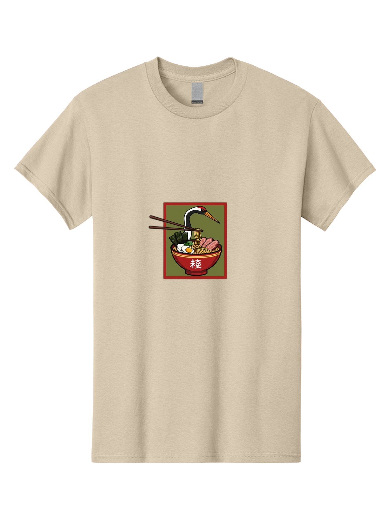 Ramen-With-Crane Men'S Graphic Tee, 100% Cotton, Comfortable Casual Summer Wear, Machine Washable, Ramen Bowl, Japanese Noodle Soup, Crane Bird, Chopsticks, Boiled Egg, Pork Slices, Seaweed, Kanji Characters, Oriental Cuisine, Savory Dish Bab319 9