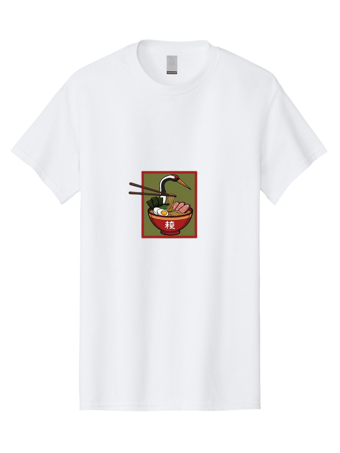 Ramen-With-Crane Men'S Graphic Tee, 100% Cotton, Comfortable Casual Summer Wear, Machine Washable, Ramen Bowl, Japanese Noodle Soup, Crane Bird, Chopsticks, Boiled Egg, Pork Slices, Seaweed, Kanji Characters, Oriental Cuisine, Savory Dish Bab319 13