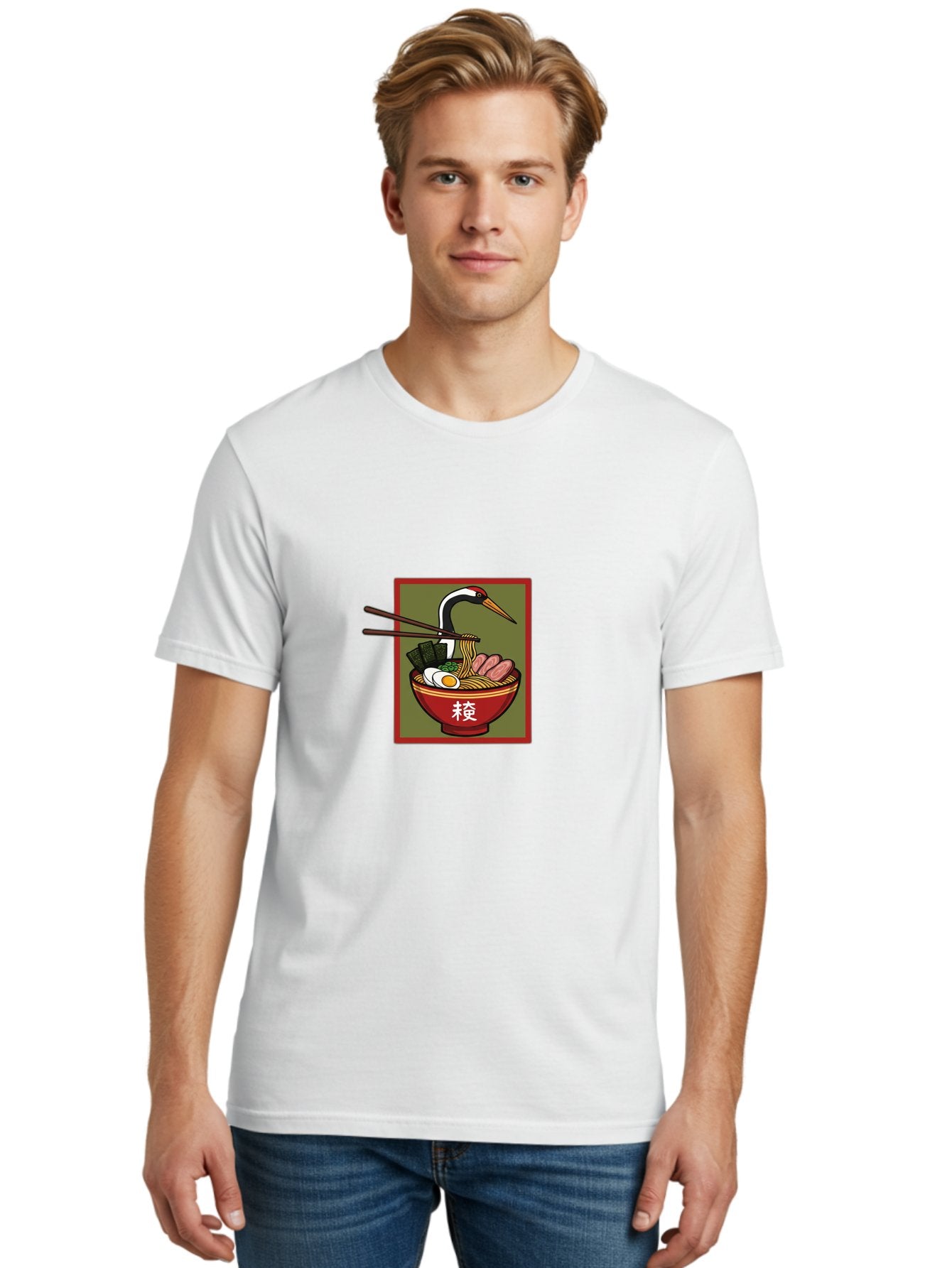 Ramen-With-Crane Men'S Graphic Tee, 100% Cotton, Comfortable Casual Summer Wear, Machine Washable, Ramen Bowl, Japanese Noodle Soup, Crane Bird, Chopsticks, Boiled Egg, Pork Slices, Seaweed, Kanji Characters, Oriental Cuisine, Savory Dish Bab319 20