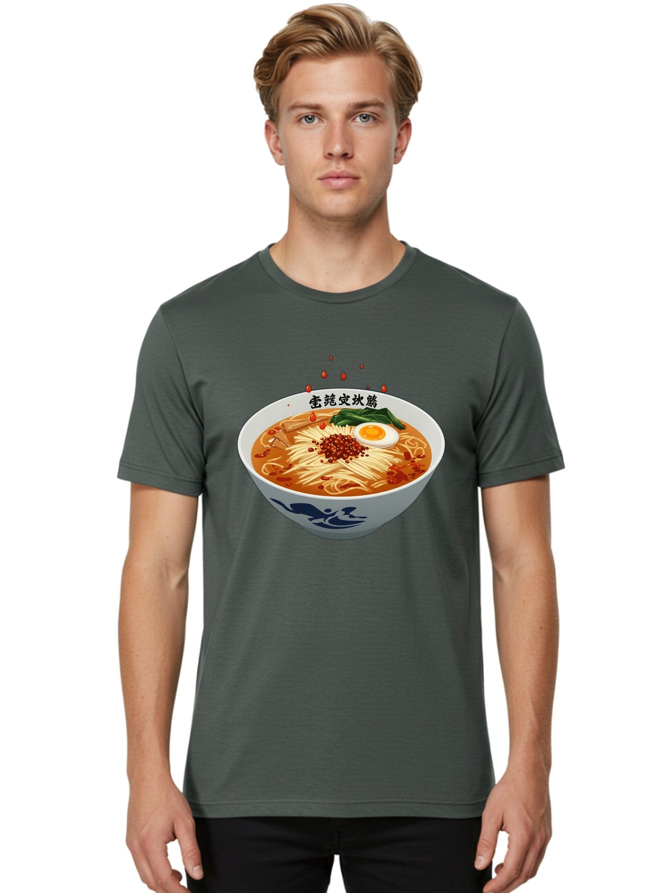 Ramen-With-Egg Men'S Graphic Tee, 100% Cotton, Comfortable Casual Summer Wear, Machine Washable, Spicy Ramen, Boiled Egg, Noodles, Red Pepper, Asian Cuisine, Japanese Food, Chinese Characters, Cartoon Illustration, Savory Broth Bab320 27