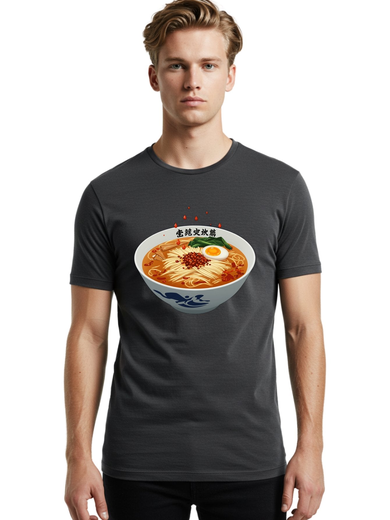 Ramen-With-Egg Men'S Graphic Tee, 100% Cotton, Comfortable Casual Summer Wear, Machine Washable, Spicy Ramen, Boiled Egg, Noodles, Red Pepper, Asian Cuisine, Japanese Food, Chinese Characters, Cartoon Illustration, Savory Broth Bab320 28