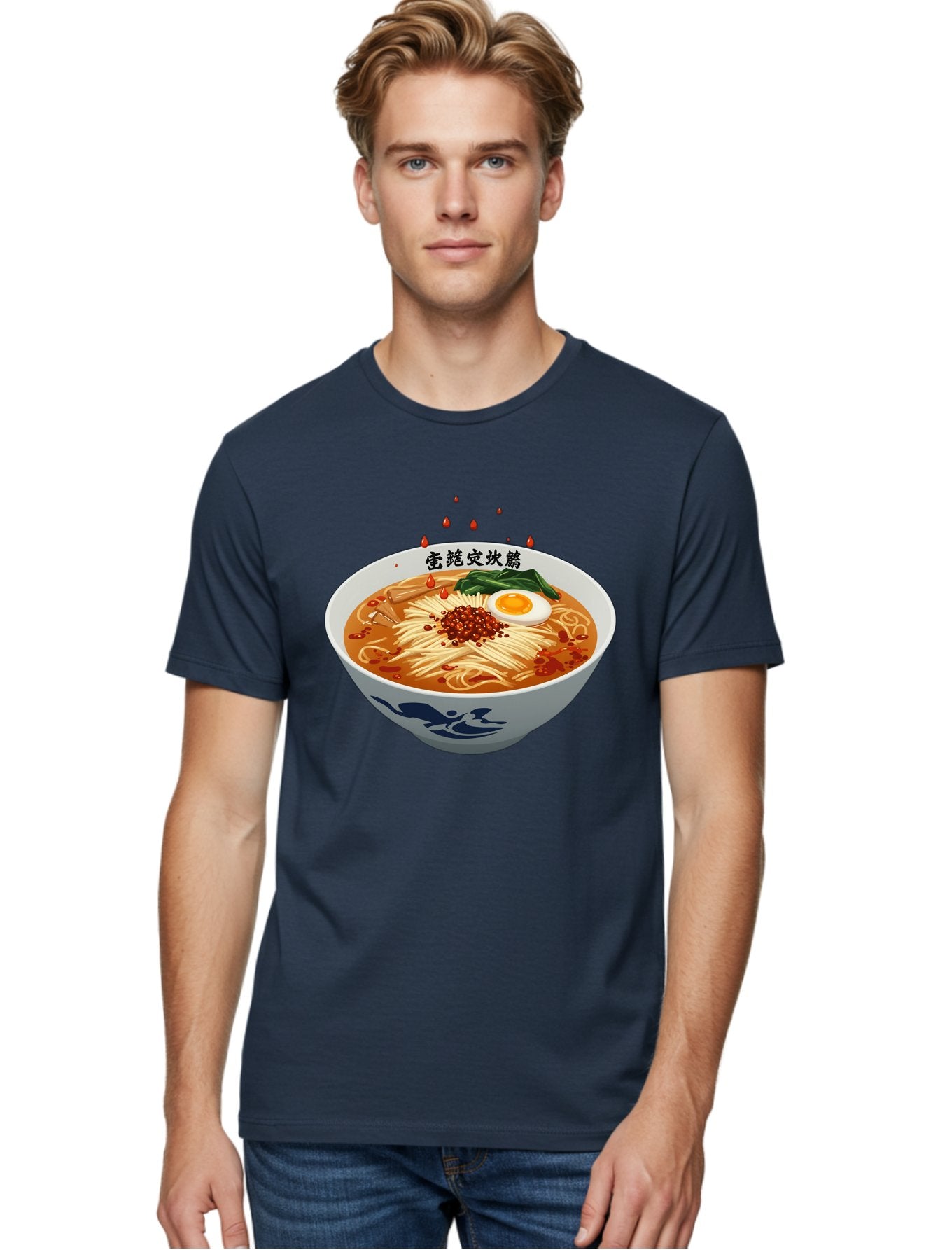 Ramen-With-Egg Men'S Graphic Tee, 100% Cotton, Comfortable Casual Summer Wear, Machine Washable, Spicy Ramen, Boiled Egg, Noodles, Red Pepper, Asian Cuisine, Japanese Food, Chinese Characters, Cartoon Illustration, Savory Broth Bab320 21