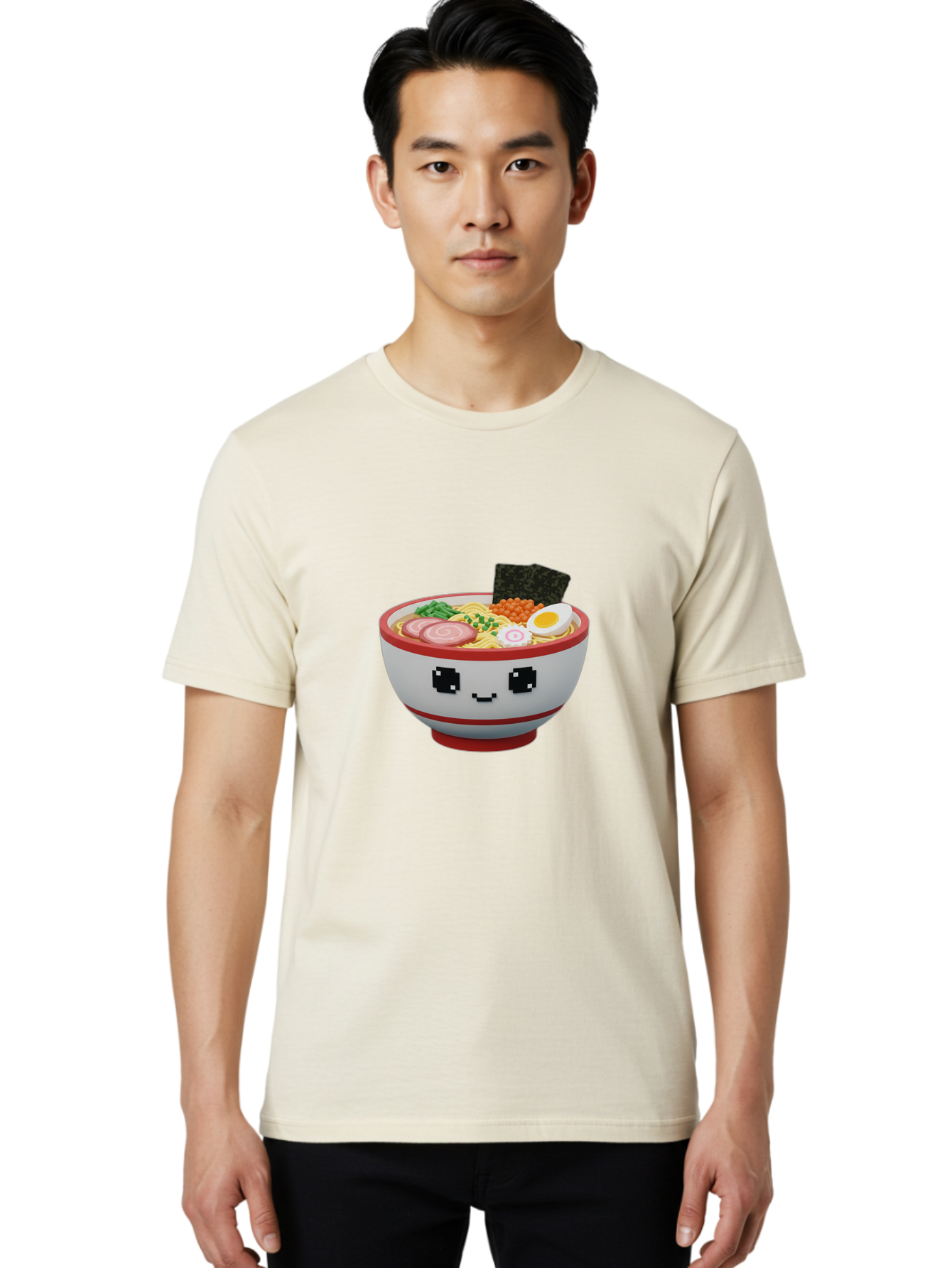 Ramen Men'S Graphic Tee, 100% Cotton, Comfortable Casual Summer Wear, Machine Washable, Cartoon Ramen Bowl, Pixel Art Style, Delicious Noodle Soup, Tasty Ingredients, Boiled Egg, Seaweed, Kawaii Food, Adorable Character, Anime Inspired, Bab321 26